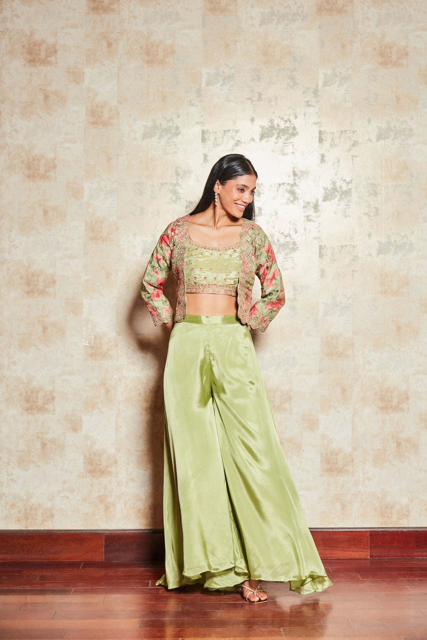 CREPE PASTEL GREEN SHARARA SET WITH FLORAL SHRUG