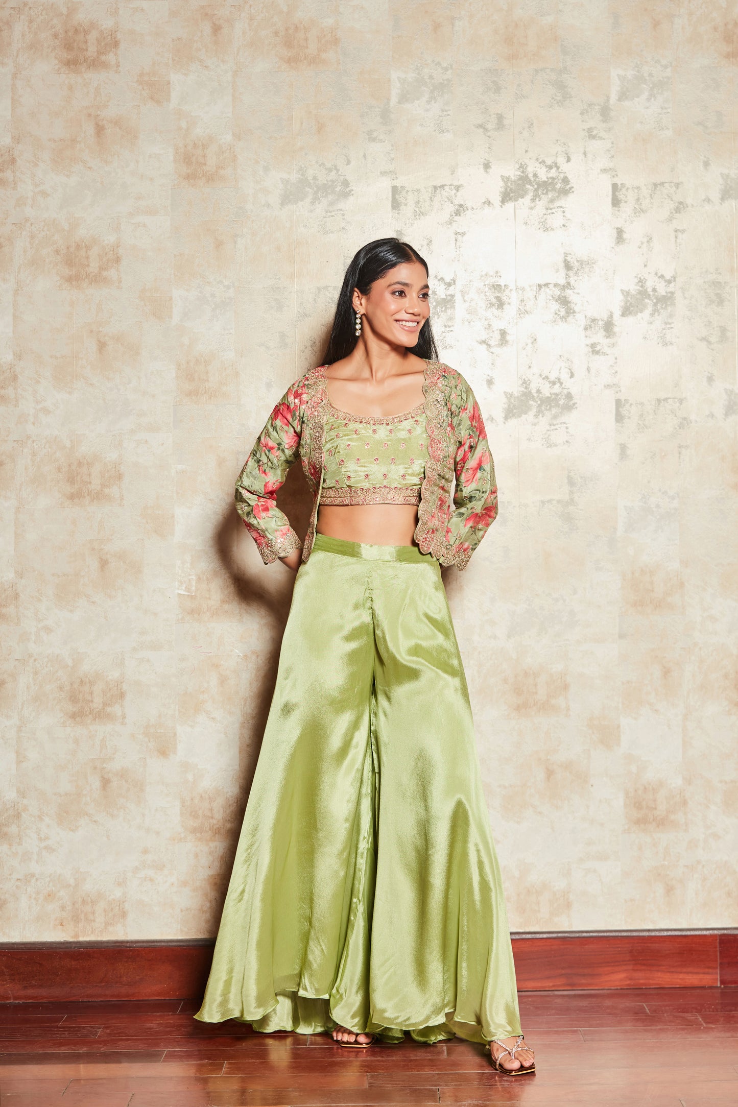 CREPE PASTEL GREEN SHARARA SET WITH FLORAL SHRUG