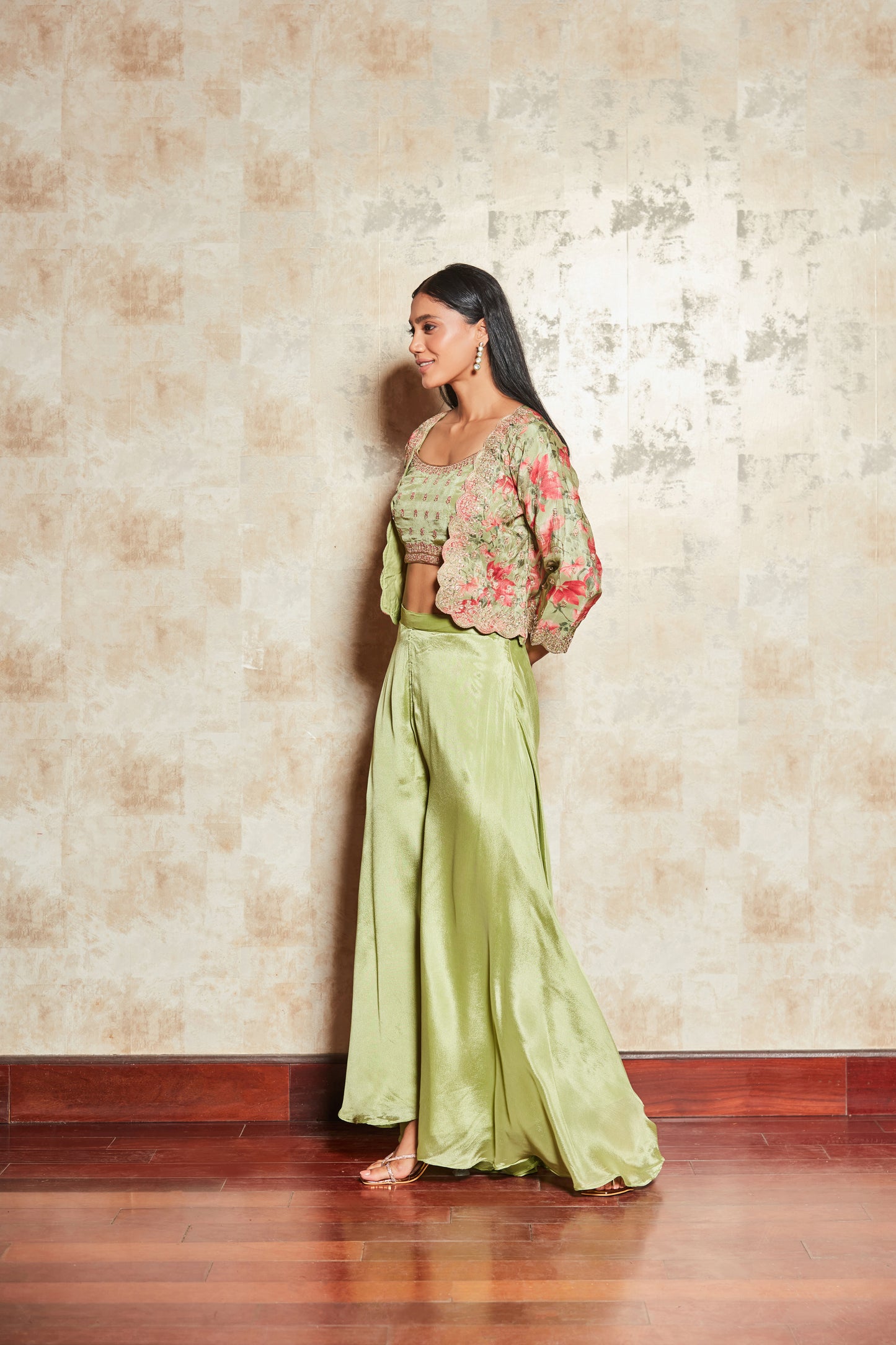 CREPE PASTEL GREEN SHARARA SET WITH FLORAL SHRUG