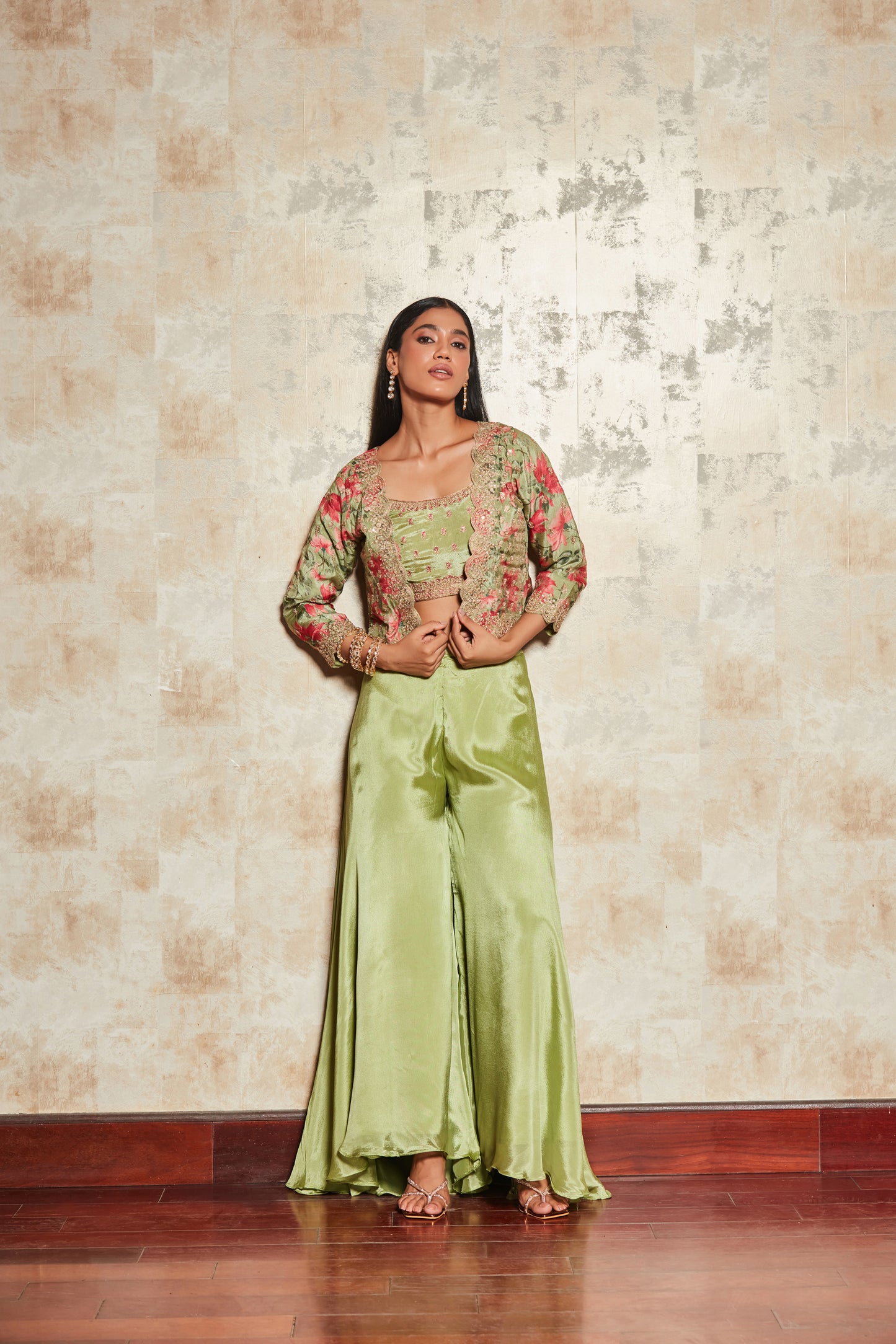 CREPE PASTEL GREEN SHARARA SET WITH FLORAL SHRUG