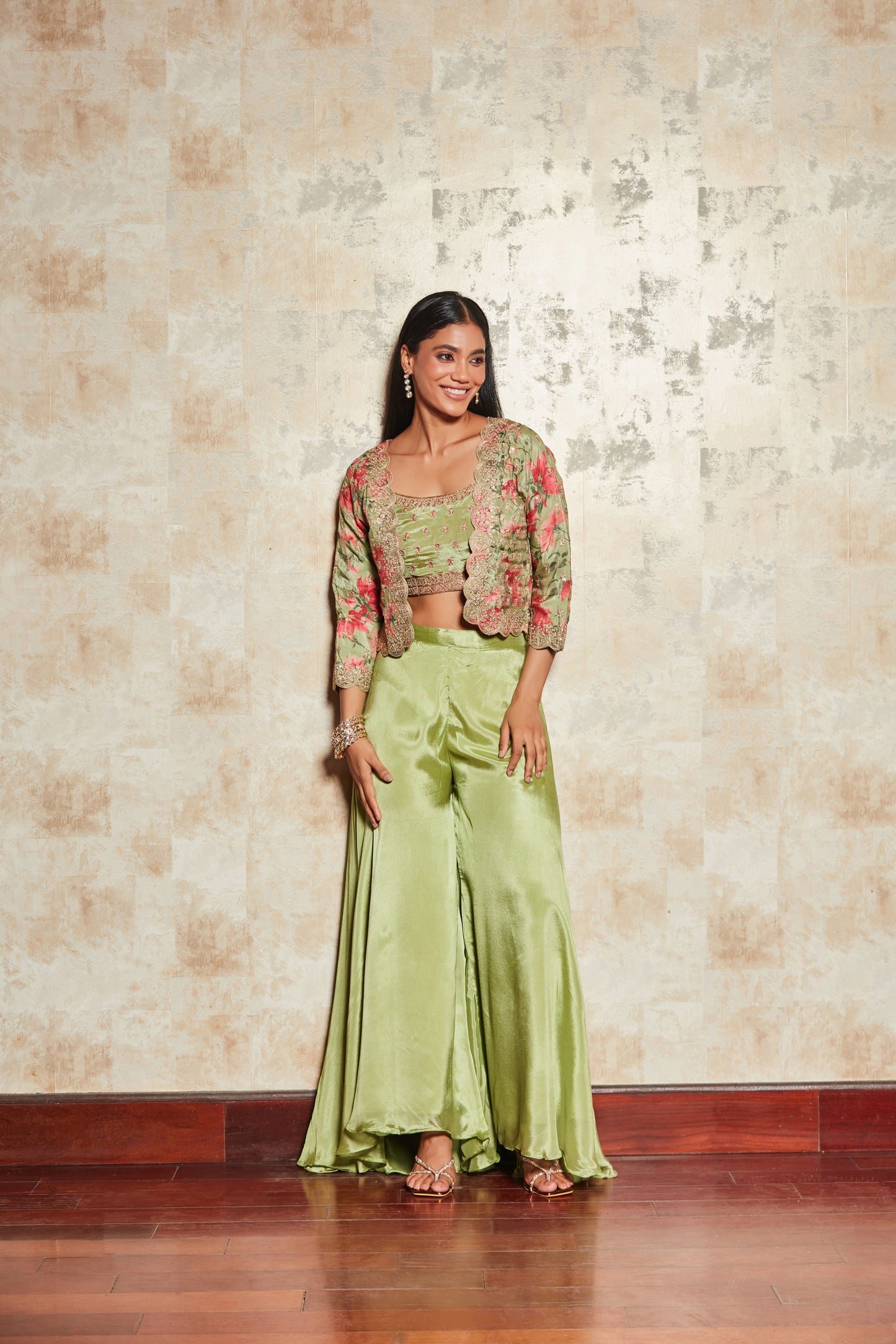 CREPE PASTEL GREEN SHARARA SET WITH FLORAL SHRUG