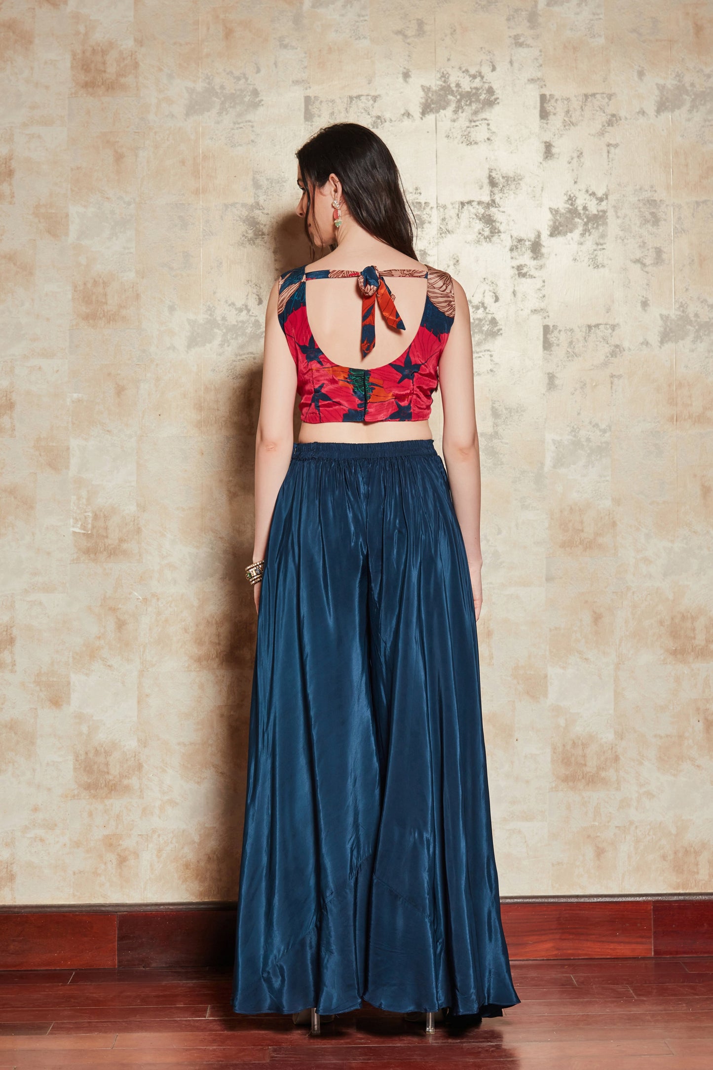 Royal Blue Embroidered Crop Top And Palazzo Set In Crepe