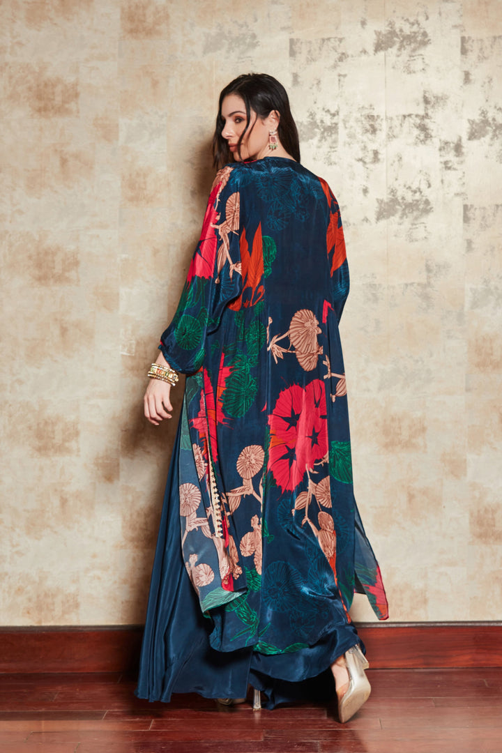 Royal Blue Embroidered Crop Top And Palazzo Set In Crepe