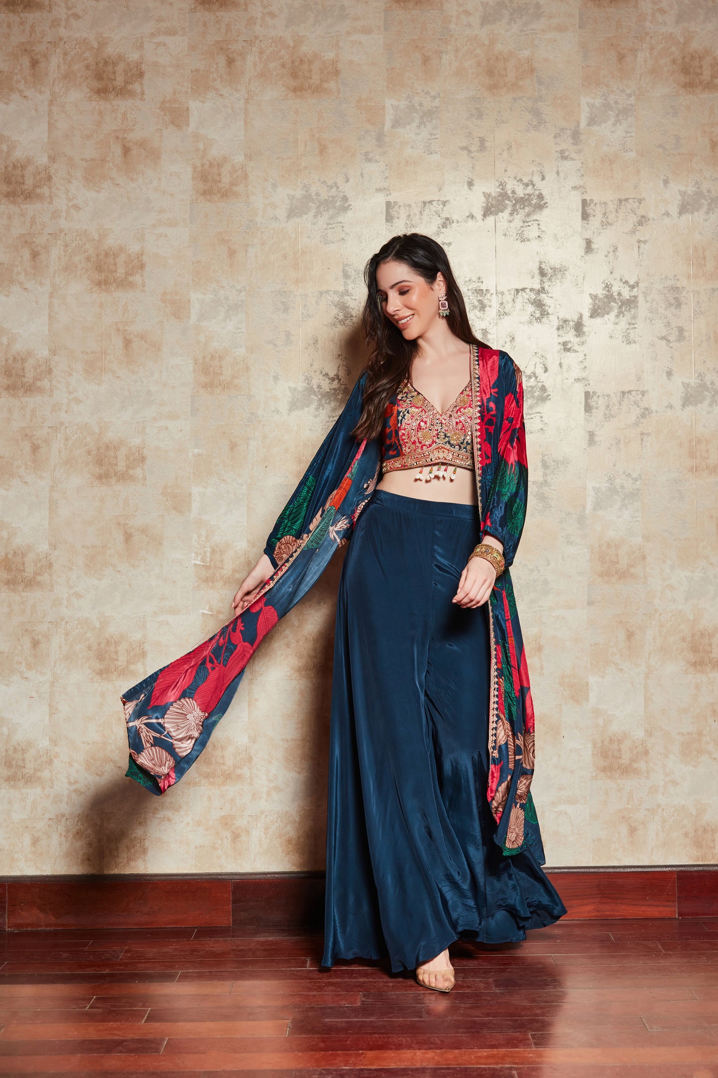 Royal Blue Embroidered Crop Top And Palazzo Set In Crepe