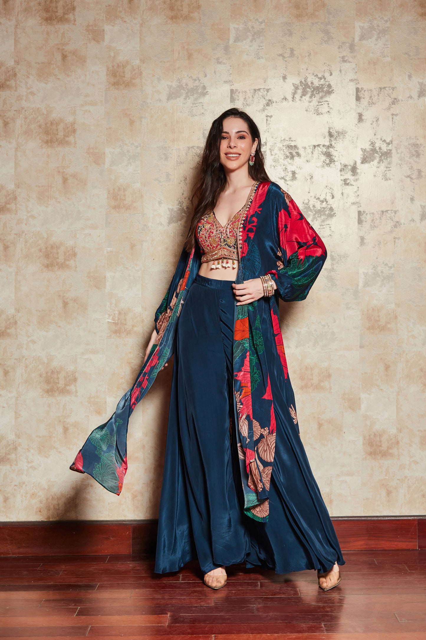 Royal Blue Embroidered Crop Top And Palazzo Set In Crepe