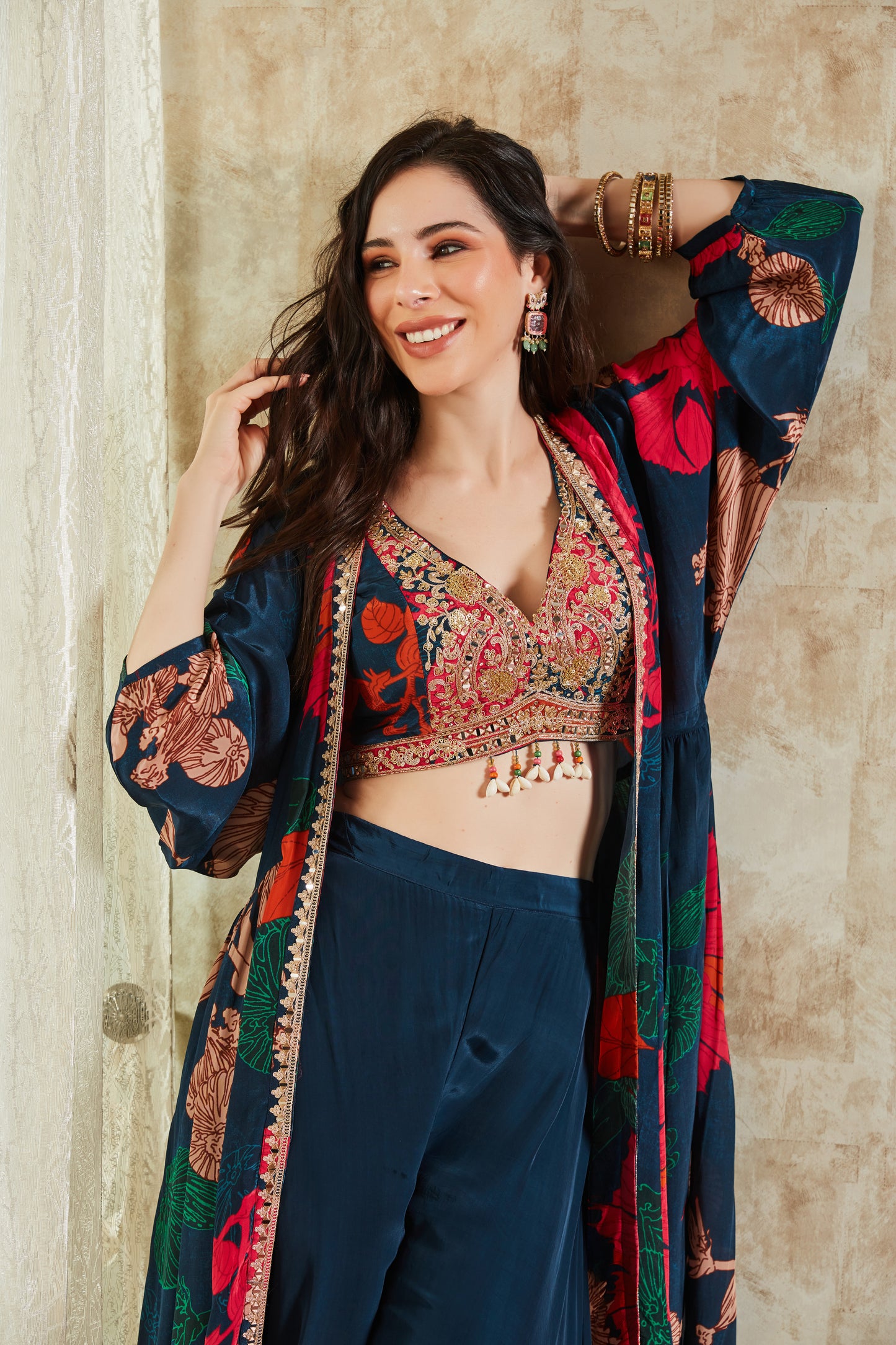 Royal Blue Embroidered Crop Top And Palazzo Set In Crepe