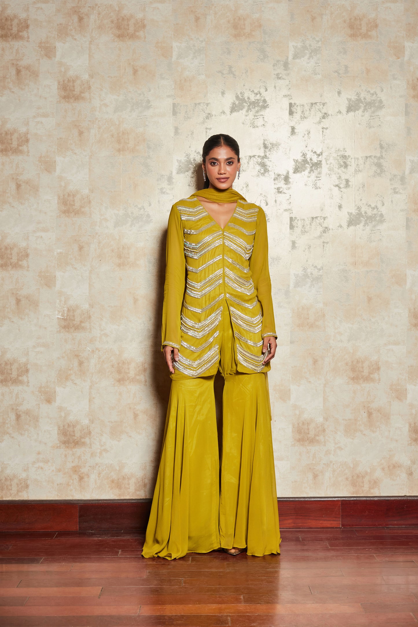 CREPE LIGHT GREEN SHARARA SET