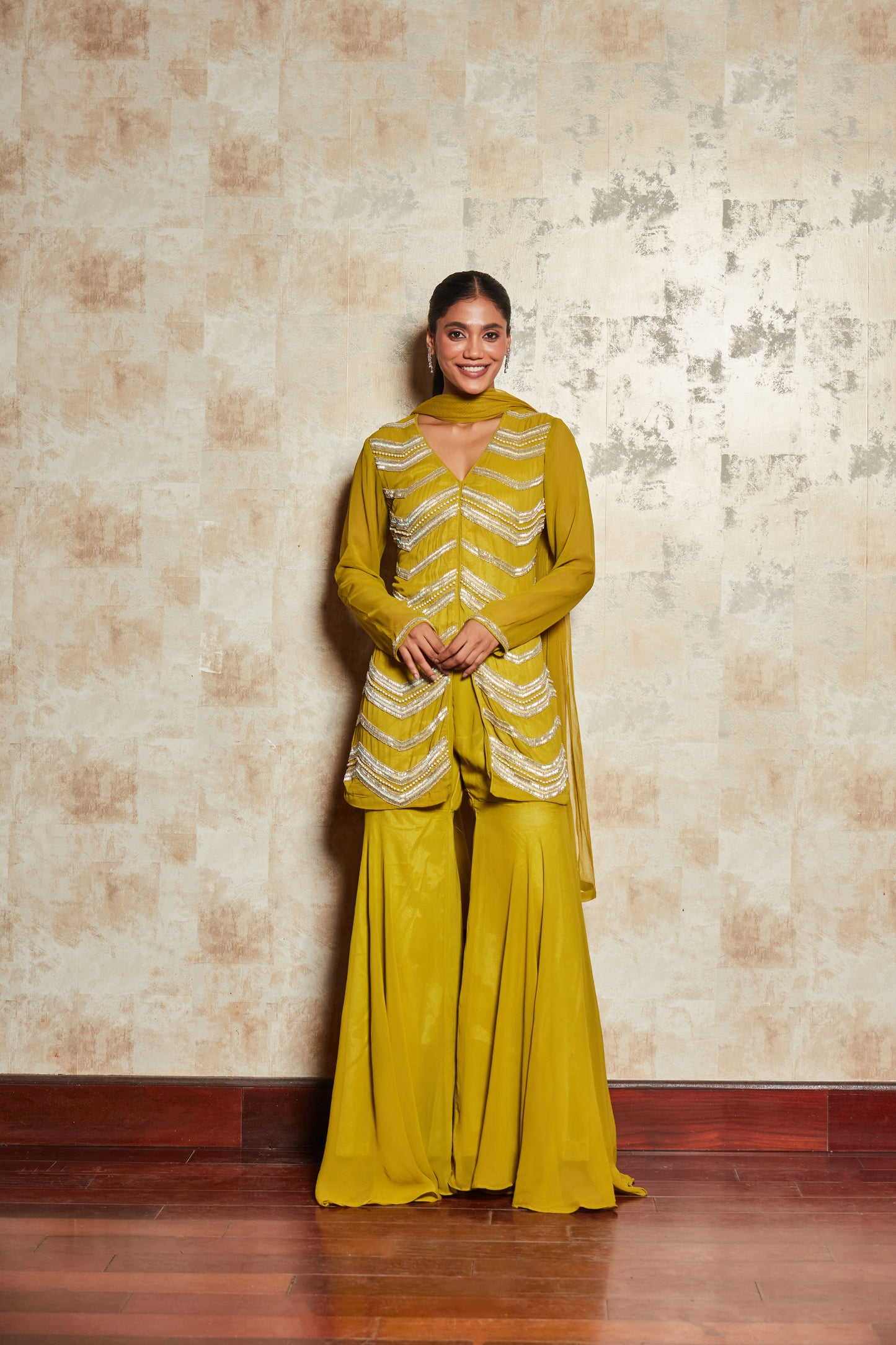 CREPE LIGHT GREEN SHARARA SET