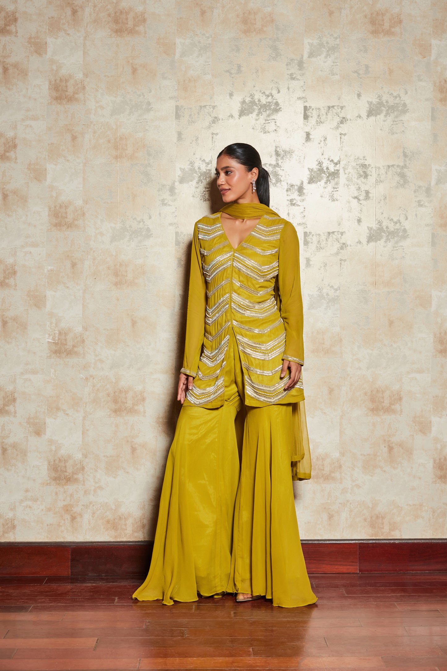 CREPE LIGHT GREEN SHARARA SET