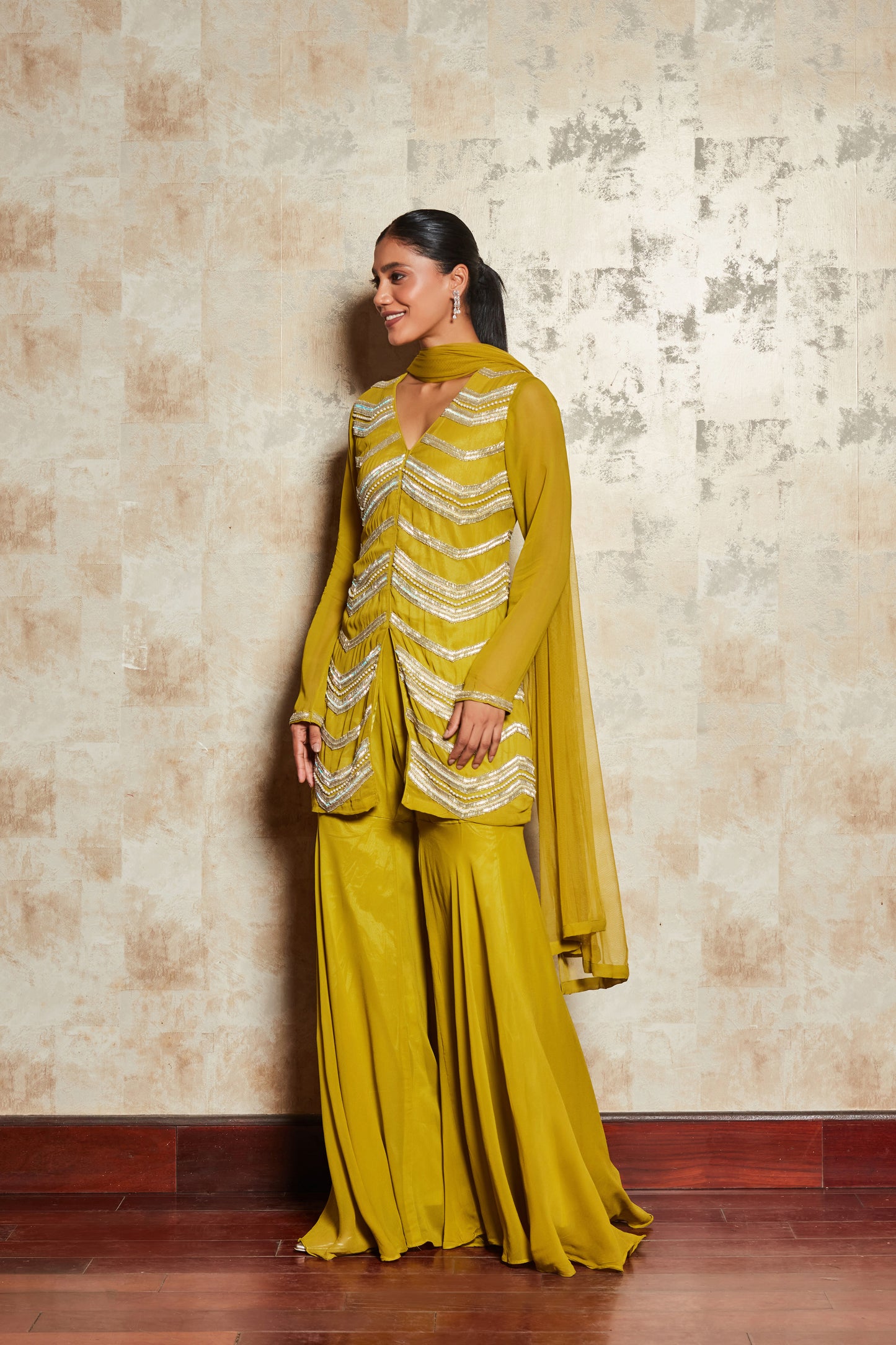 CREPE LIGHT GREEN SHARARA SET