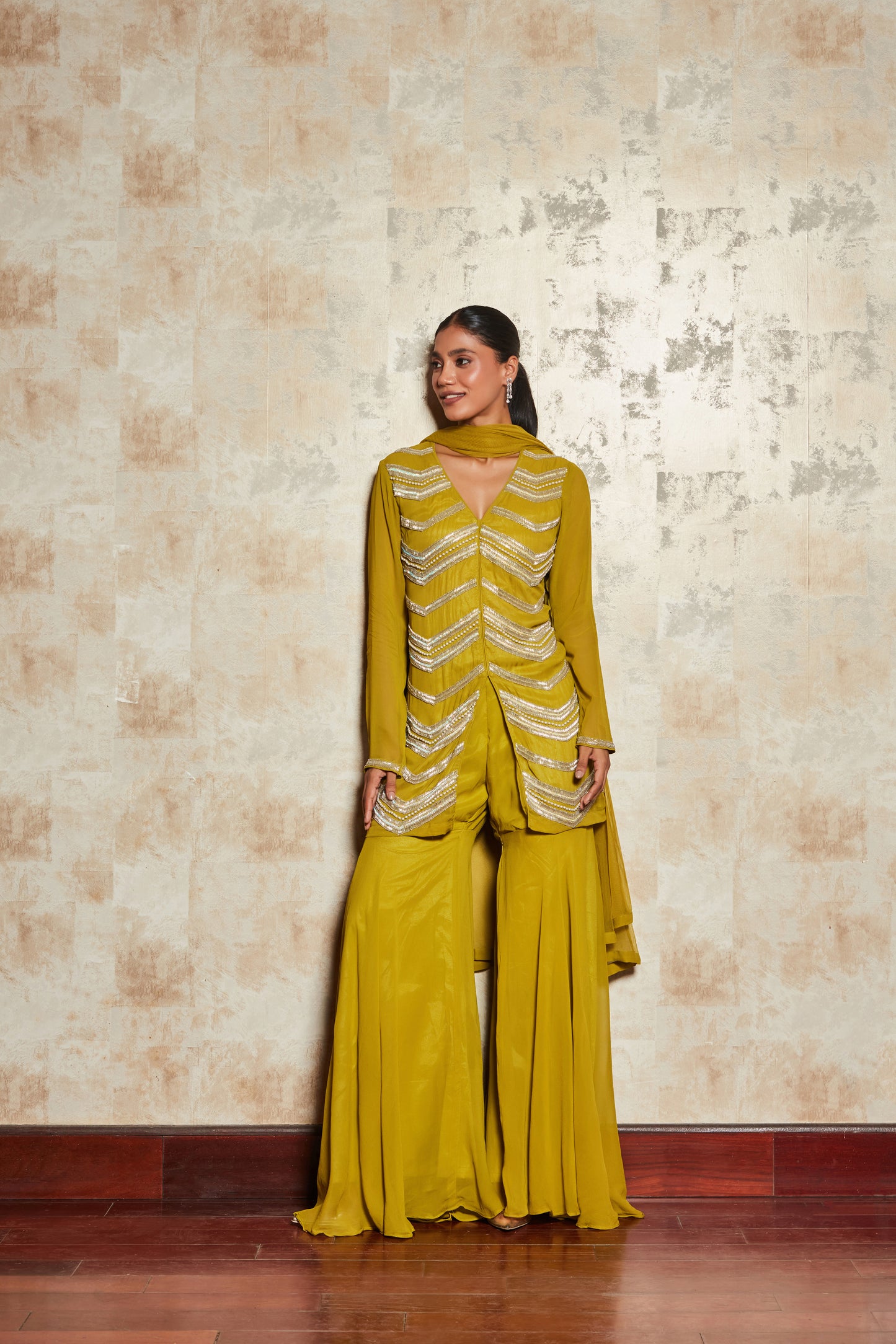 CREPE LIGHT GREEN SHARARA SET