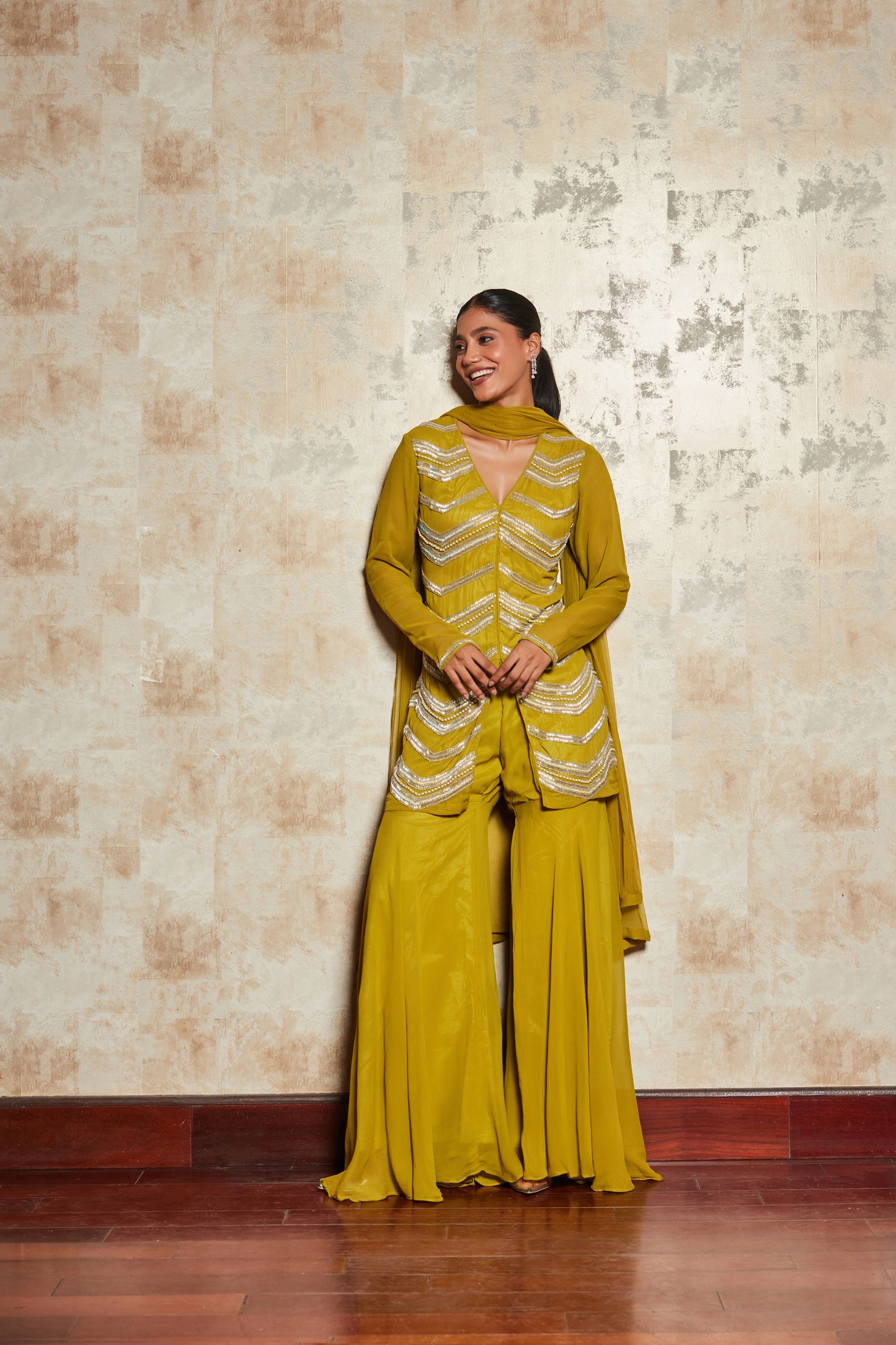 CREPE LIGHT GREEN SHARARA SET