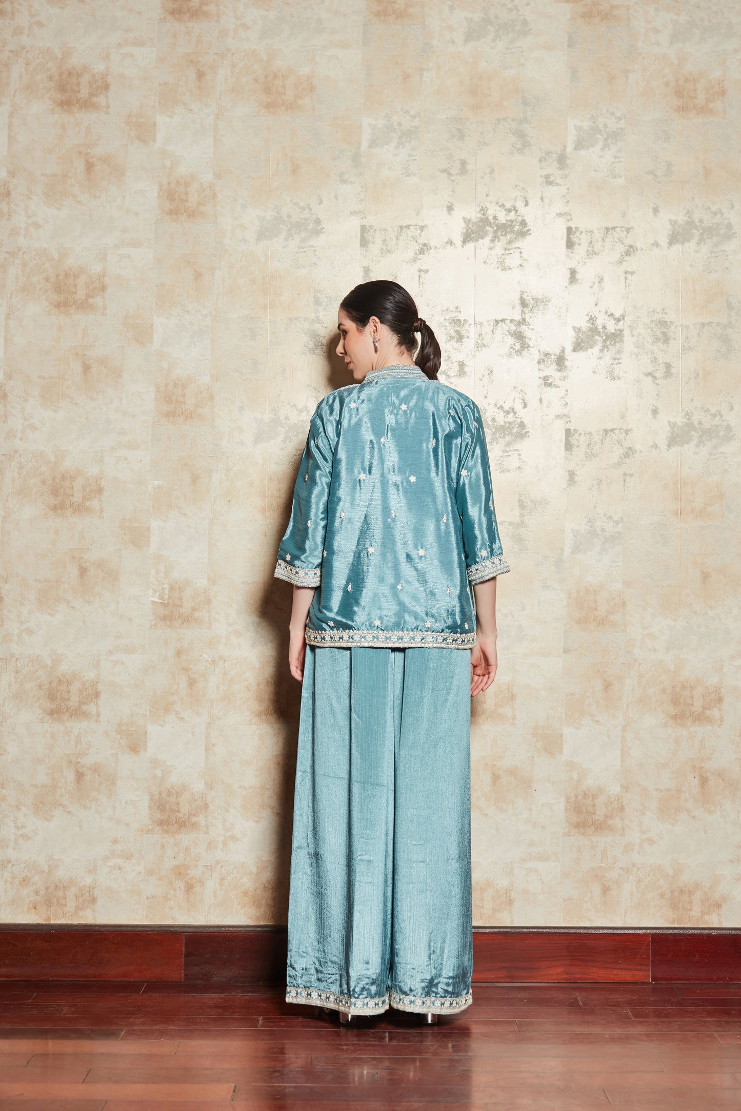 TEAL THREAD WORK JACKET SET WITH PLAZZO