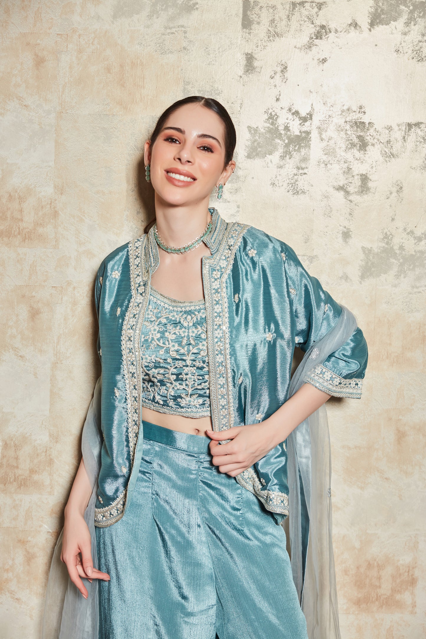 TEAL THREAD WORK JACKET SET WITH PLAZZO