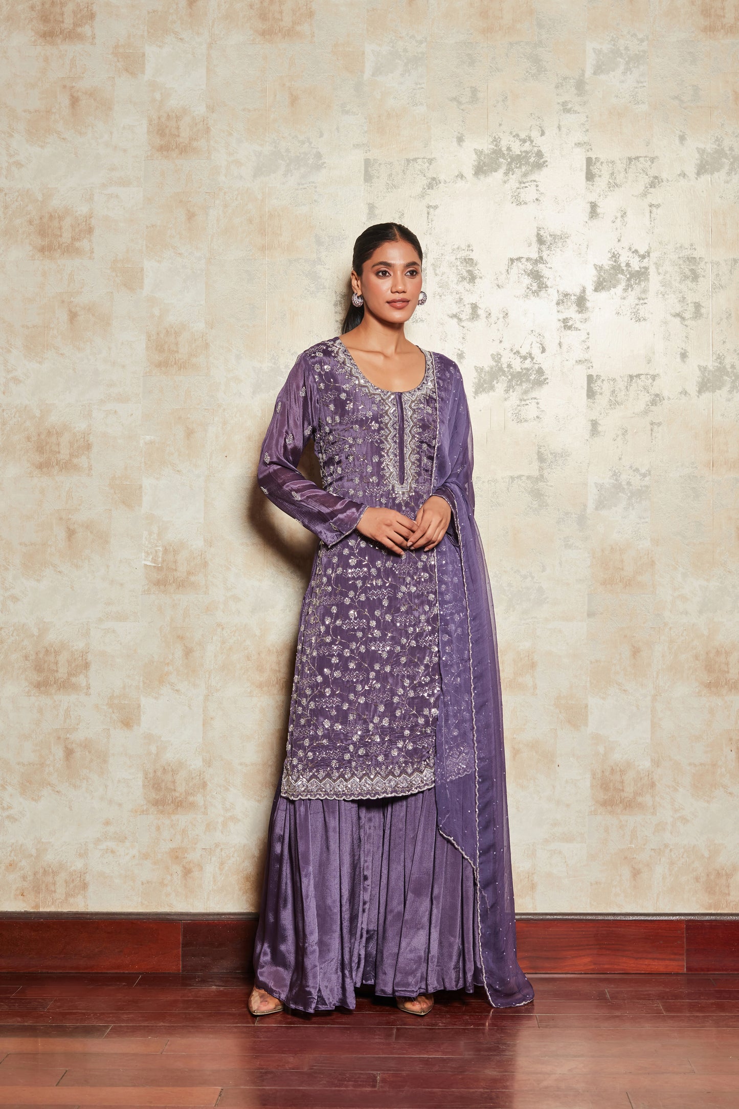 PURE CREPE PURPLE SHARARA SET WITH EMBROIDERY