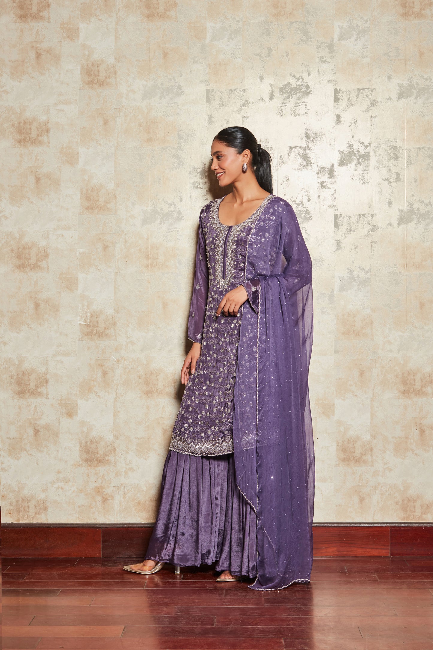 PURE CREPE PURPLE SHARARA SET WITH EMBROIDERY