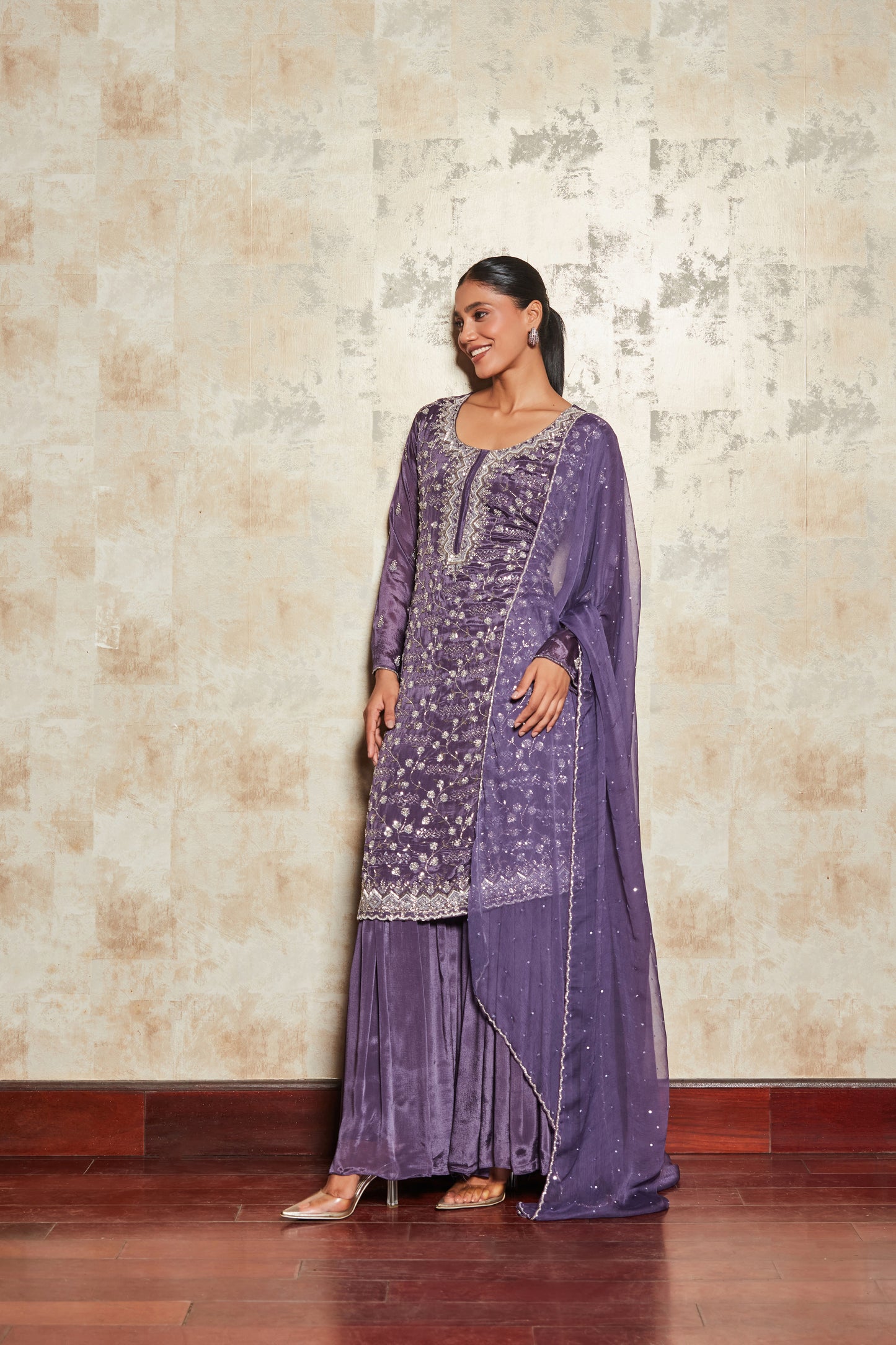 PURE CREPE PURPLE SHARARA SET WITH EMBROIDERY