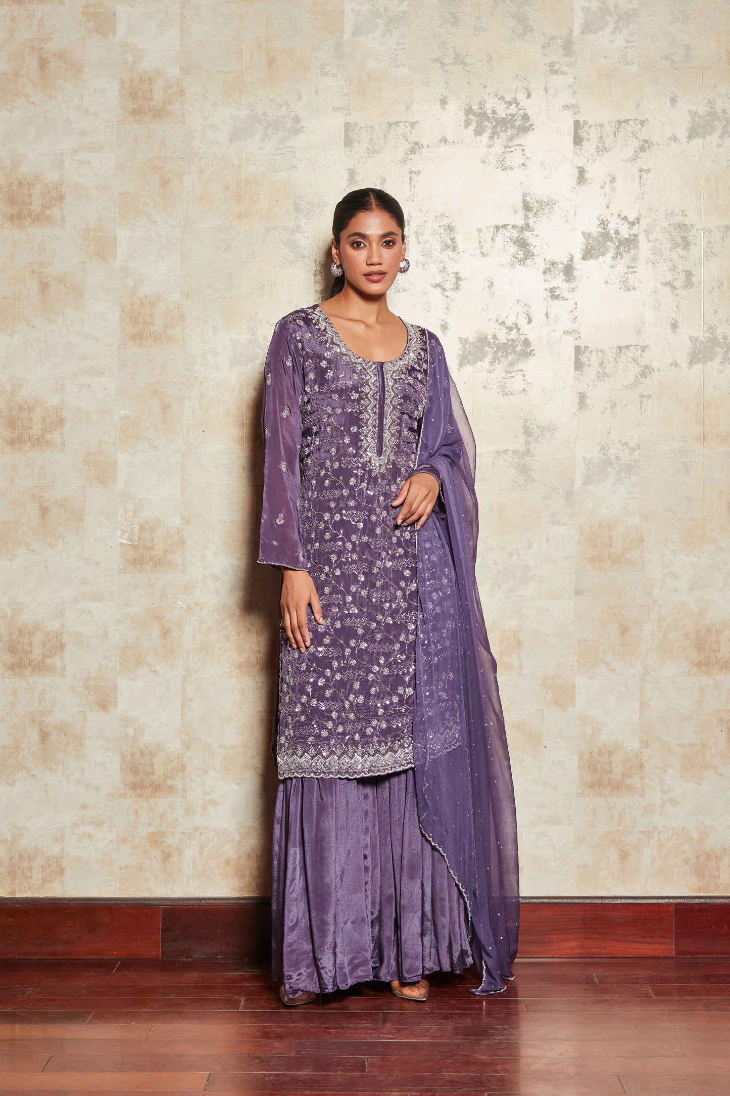 PURE CREPE PURPLE SHARARA SET WITH EMBROIDERY