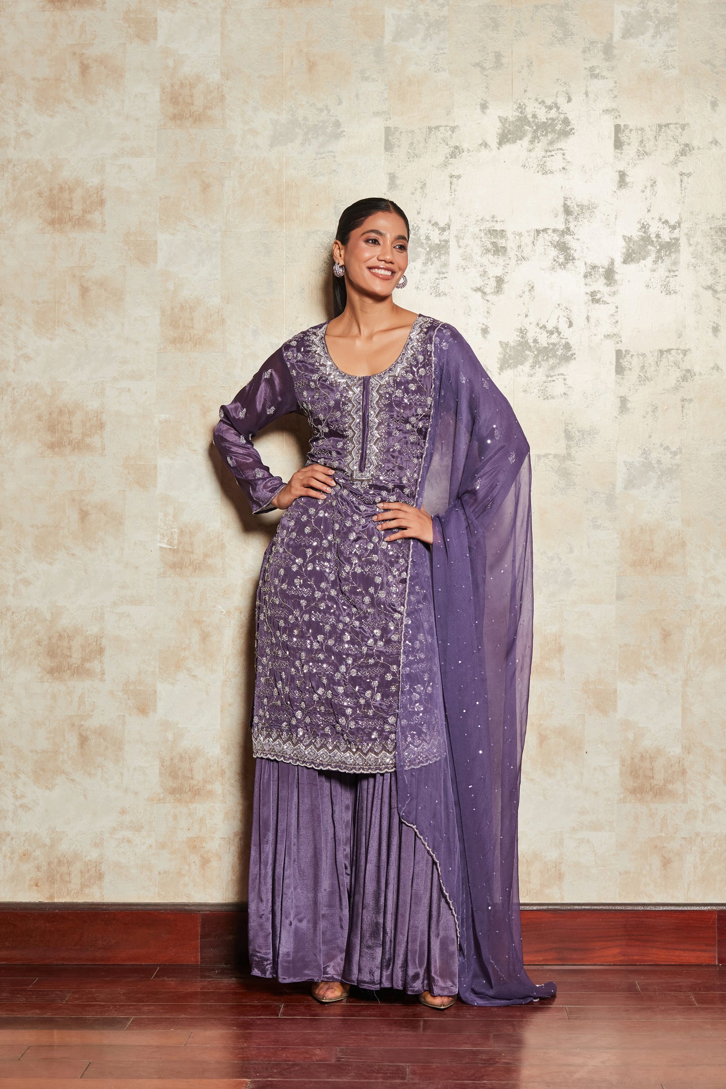 PURE CREPE PURPLE SHARARA SET WITH EMBROIDERY