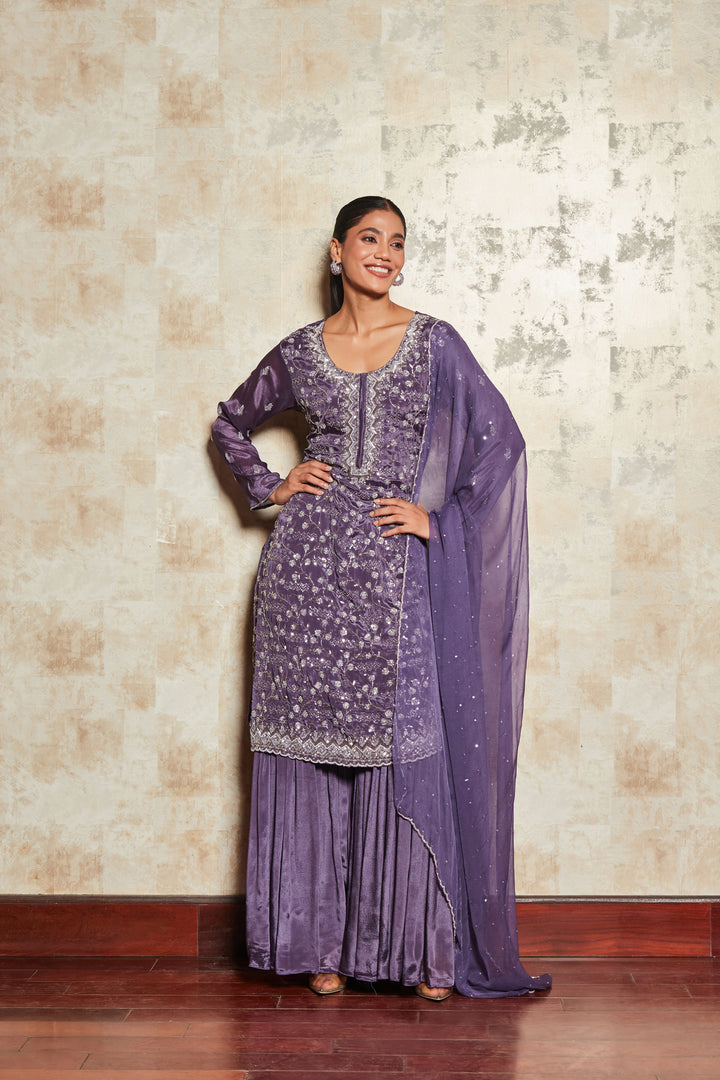 PURE CREPE PURPLE SHARARA SET WITH EMBROIDERY
