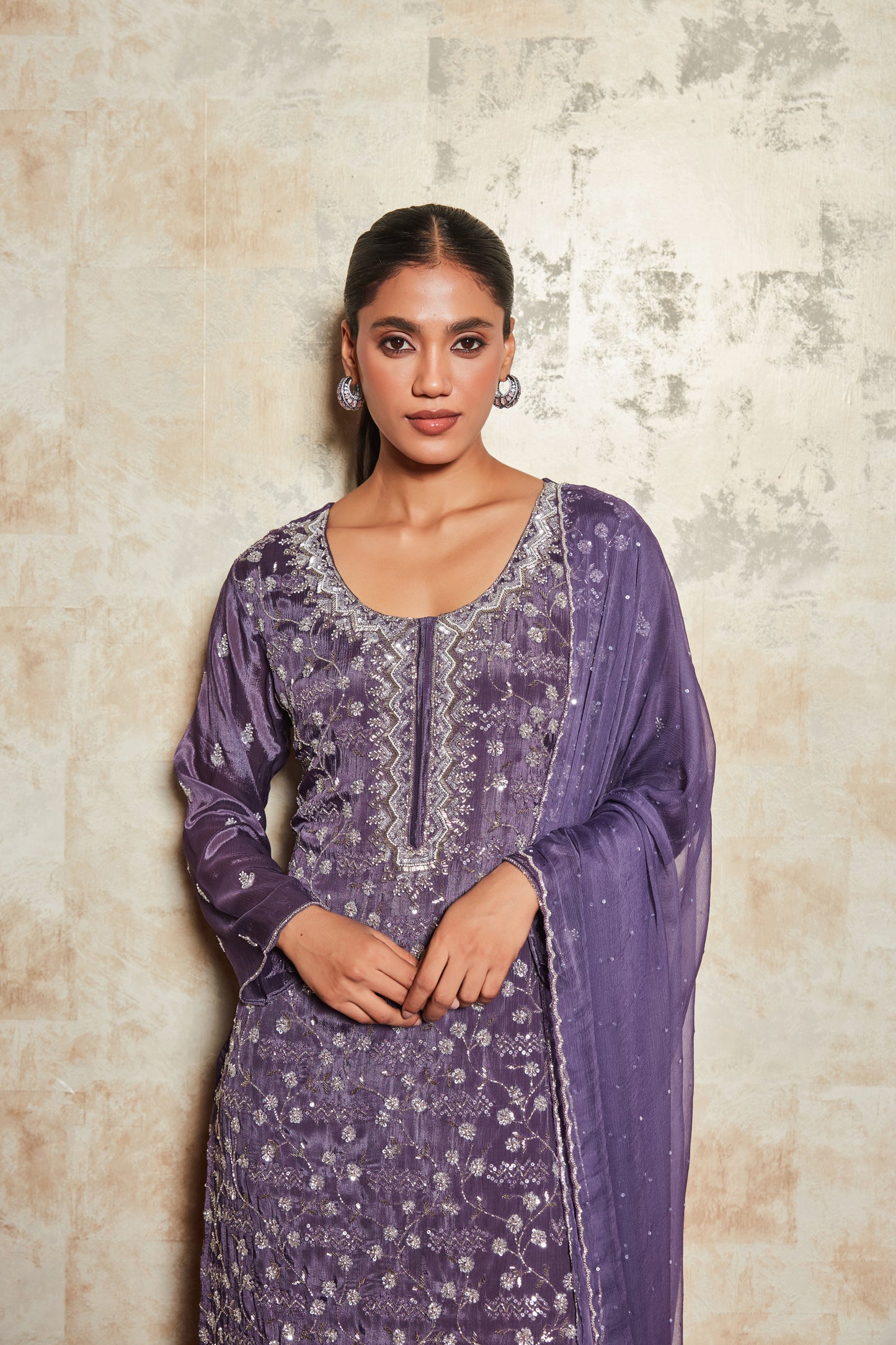 PURE CREPE PURPLE SHARARA SET WITH EMBROIDERY