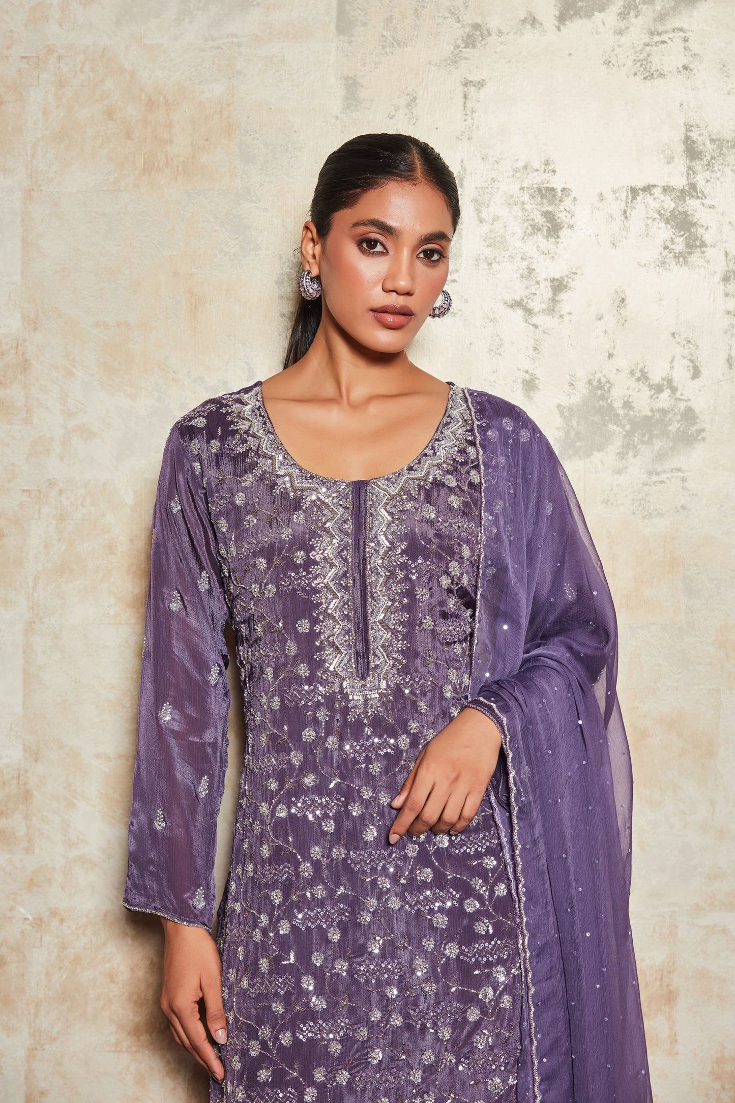 PURE CREPE PURPLE SHARARA SET WITH EMBROIDERY