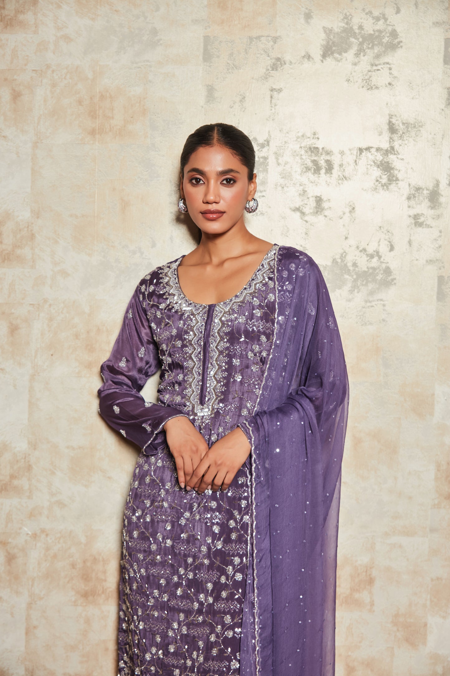 PURE CREPE PURPLE SHARARA SET WITH EMBROIDERY