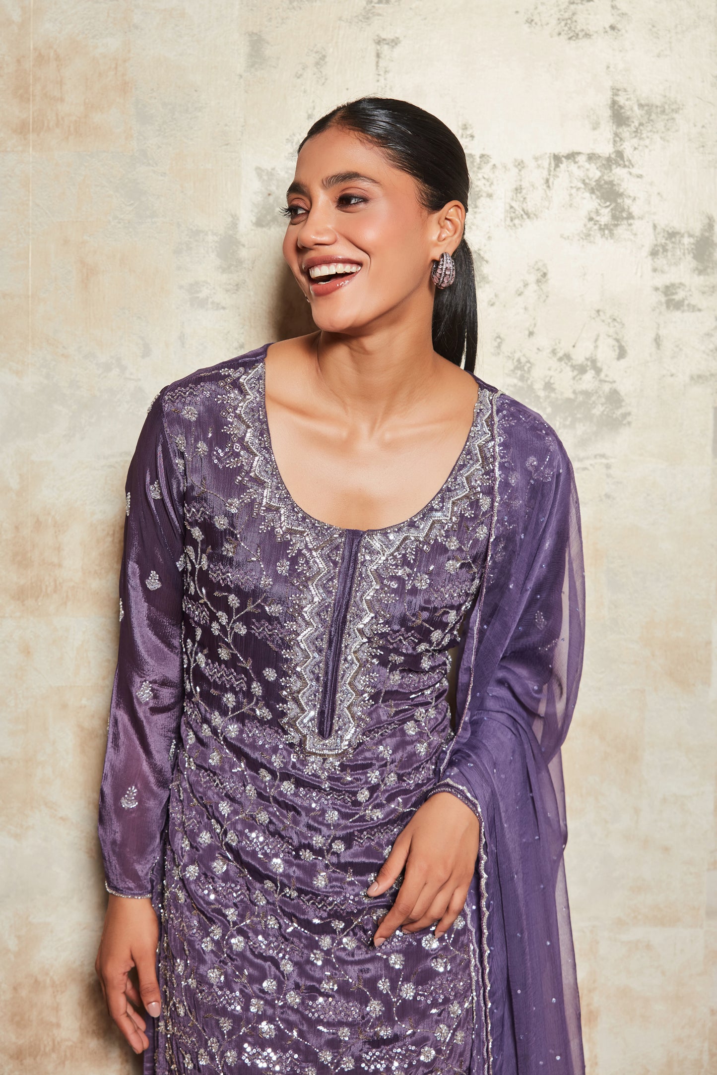 PURE CREPE PURPLE SHARARA SET WITH EMBROIDERY