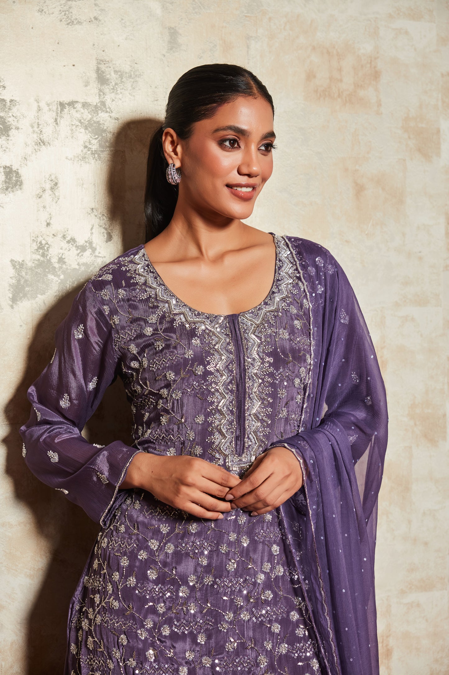 PURE CREPE PURPLE SHARARA SET WITH EMBROIDERY