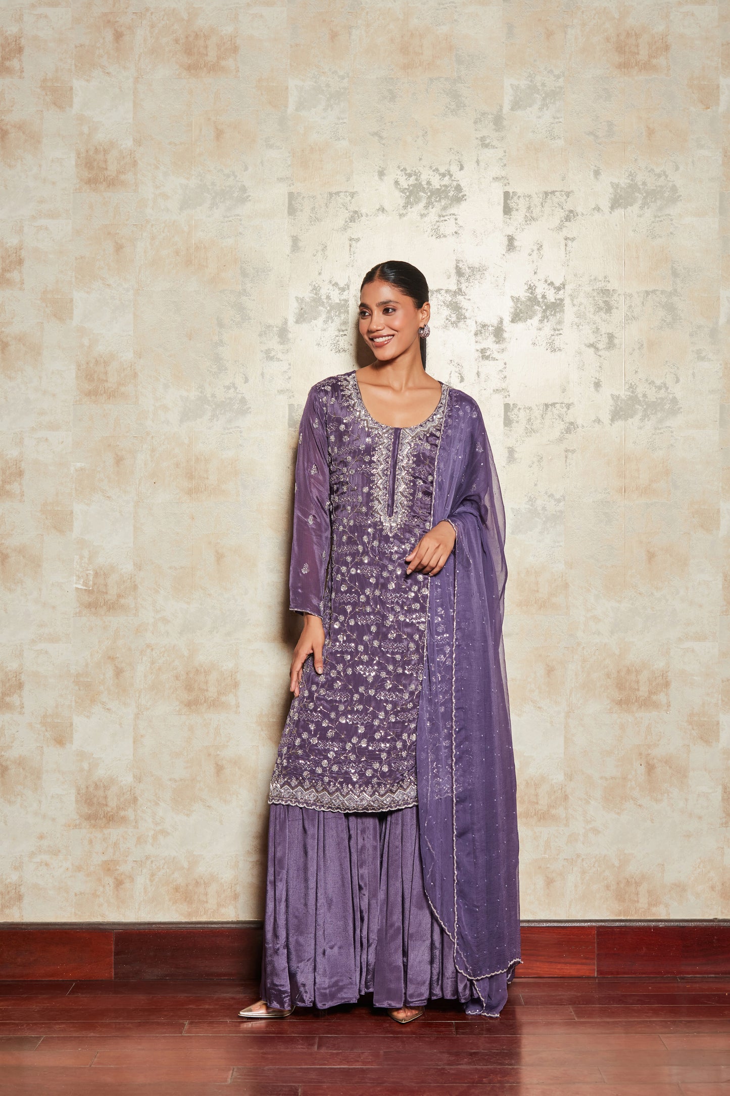 PURE CREPE PURPLE SHARARA SET WITH EMBROIDERY