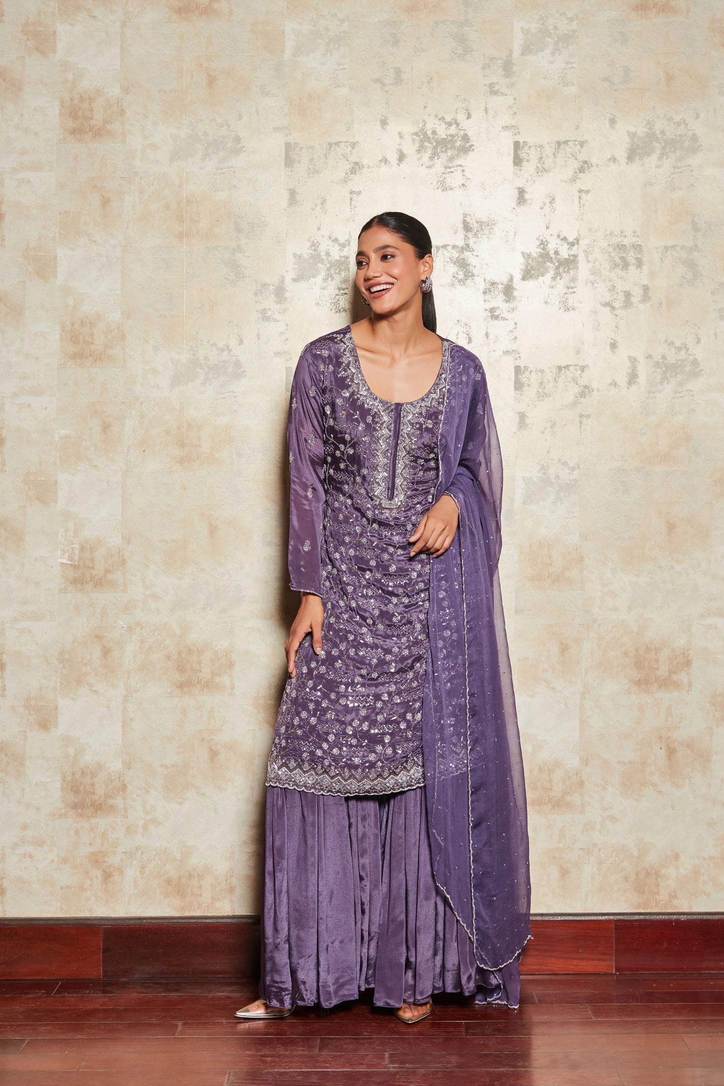 PURE CREPE PURPLE SHARARA SET WITH EMBROIDERY