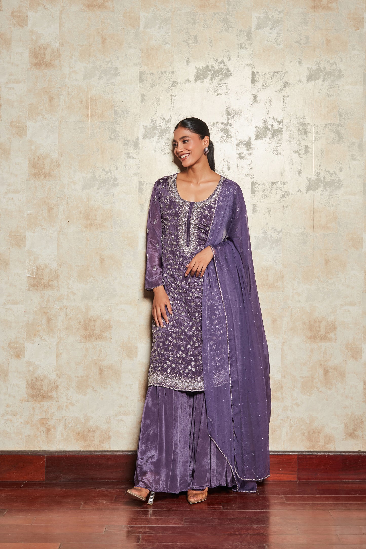 PURE CREPE PURPLE SHARARA SET WITH EMBROIDERY