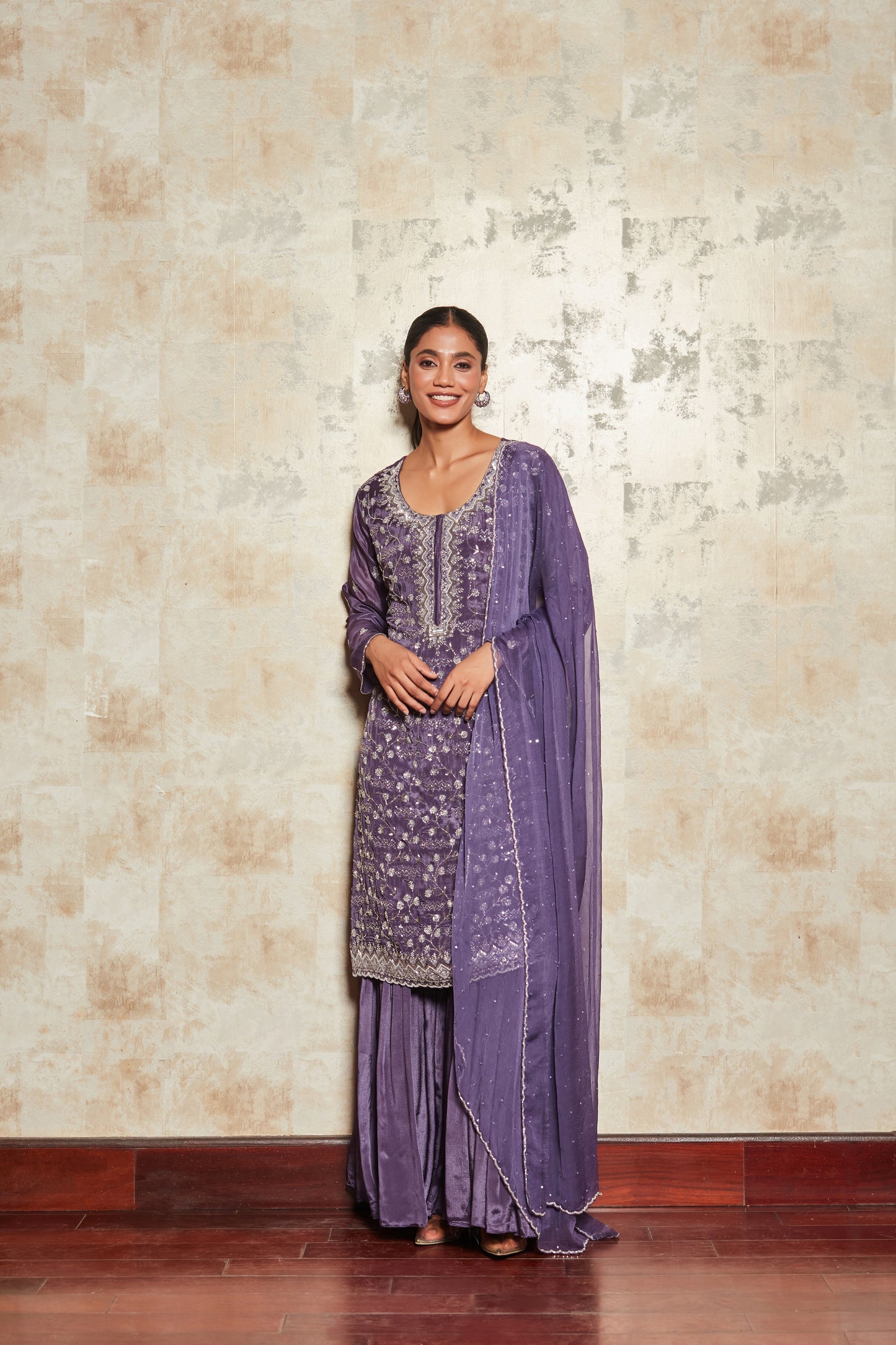 PURE CREPE PURPLE SHARARA SET WITH EMBROIDERY