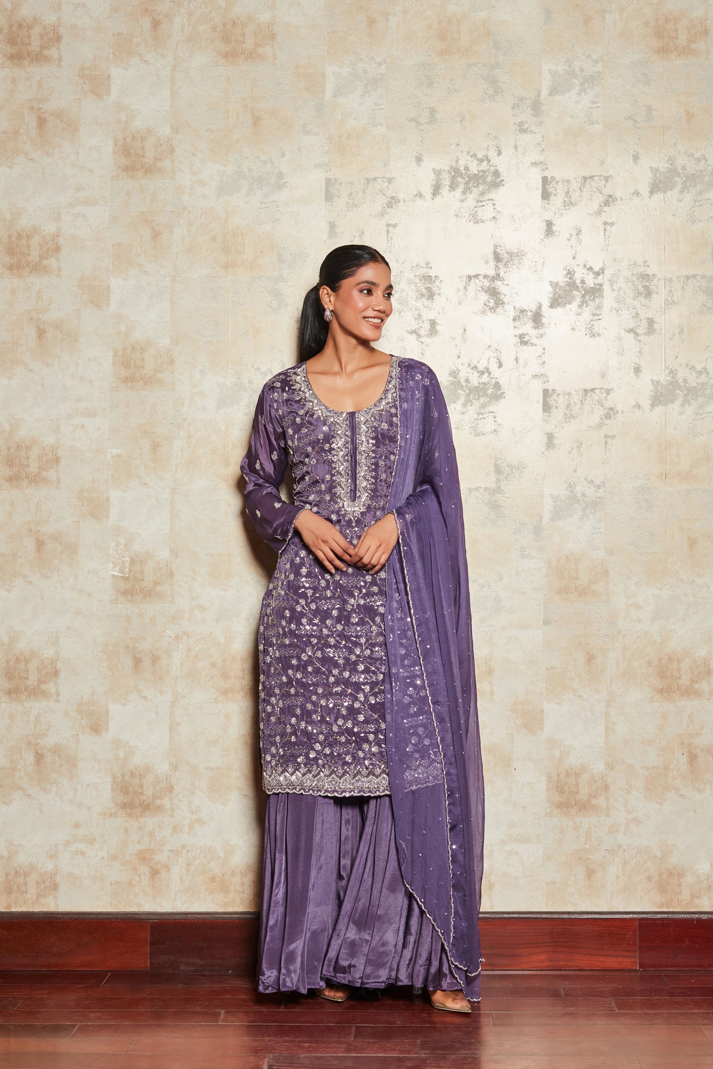 PURE CREPE PURPLE SHARARA SET WITH EMBROIDERY