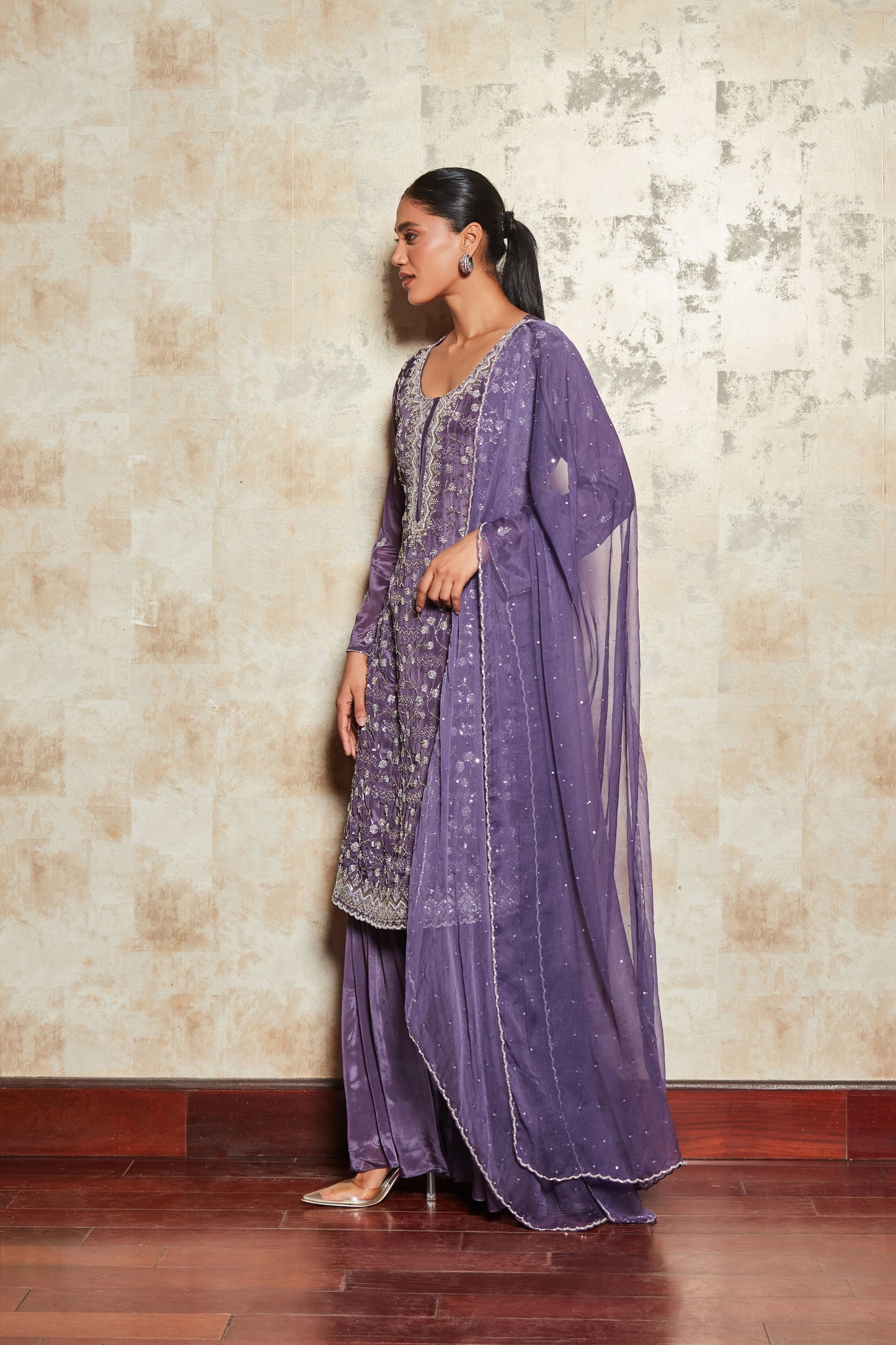 PURE CREPE PURPLE SHARARA SET WITH EMBROIDERY