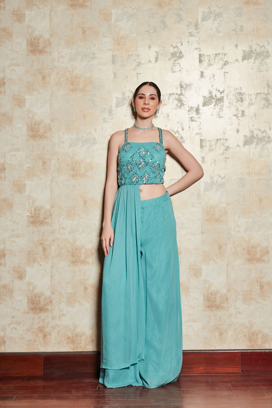 BLUE CROP TOP SET WITH EMBROIDERED BLOUSE