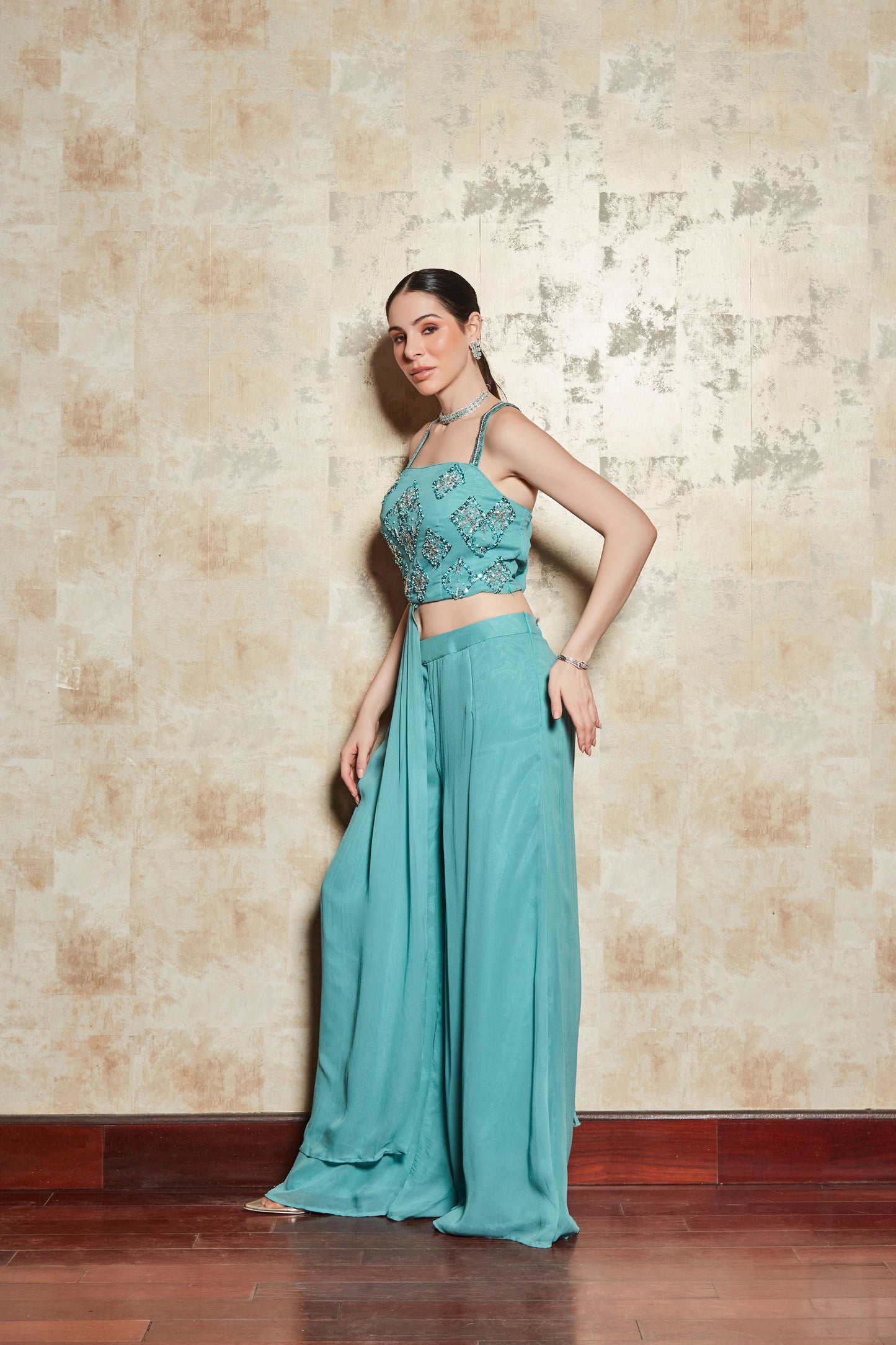 BLUE CROP TOP SET WITH EMBROIDERED BLOUSE