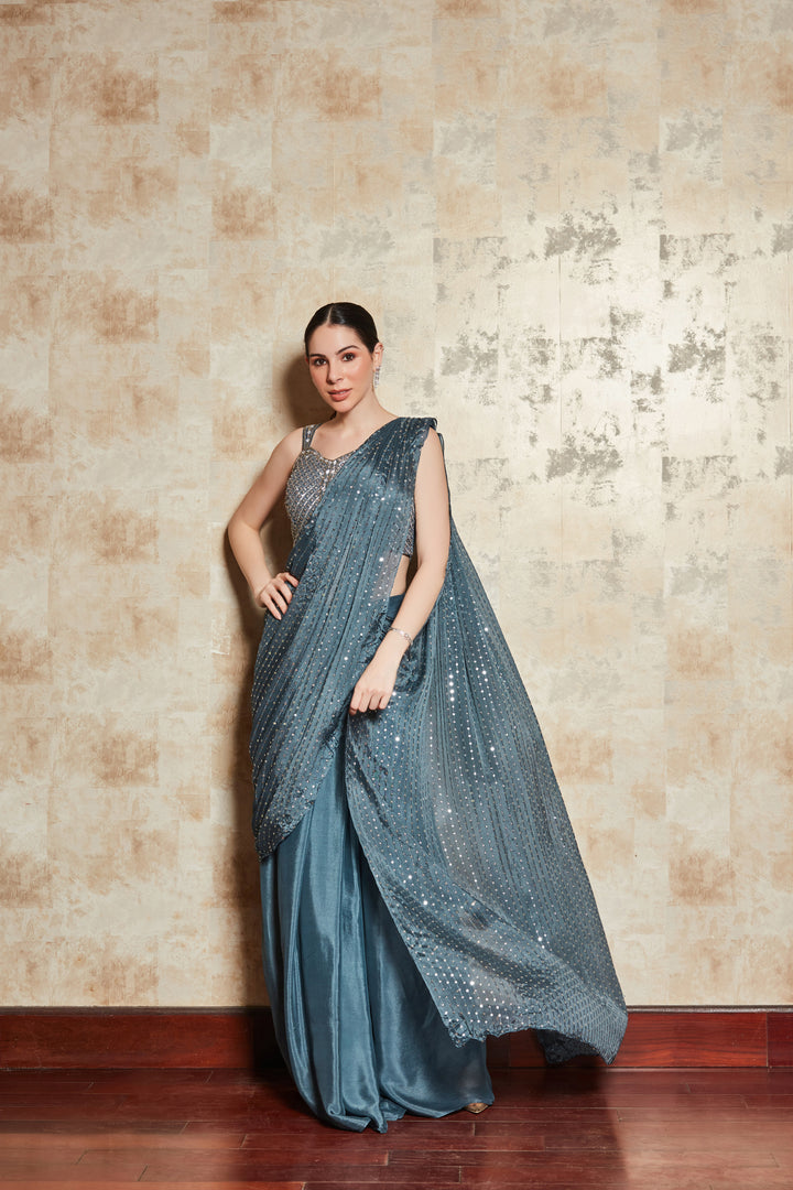 TURQUOISE BLUE SEQUINCE LEHNGA SAREE WITH BLOUSE