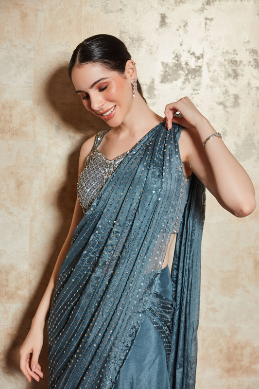 TURQUOISE BLUE SEQUINCE LEHNGA SAREE WITH BLOUSE