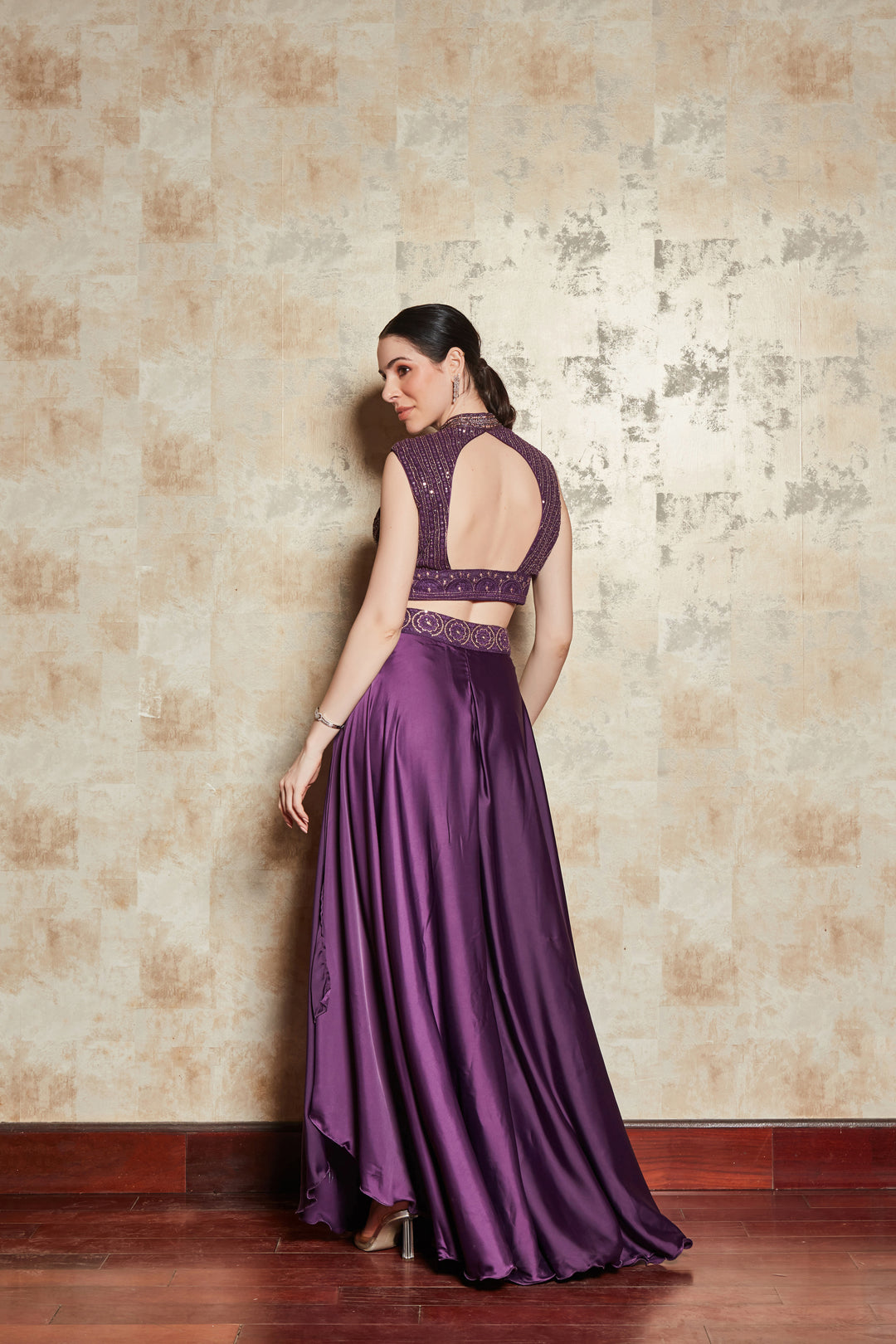 Majestic Violet Sequin Embellished Blouse and Skirt Set