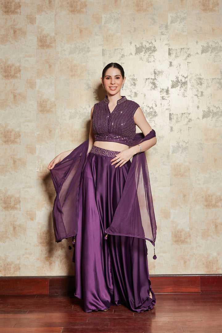 Majestic Violet Sequin Embellished Blouse and Skirt Set