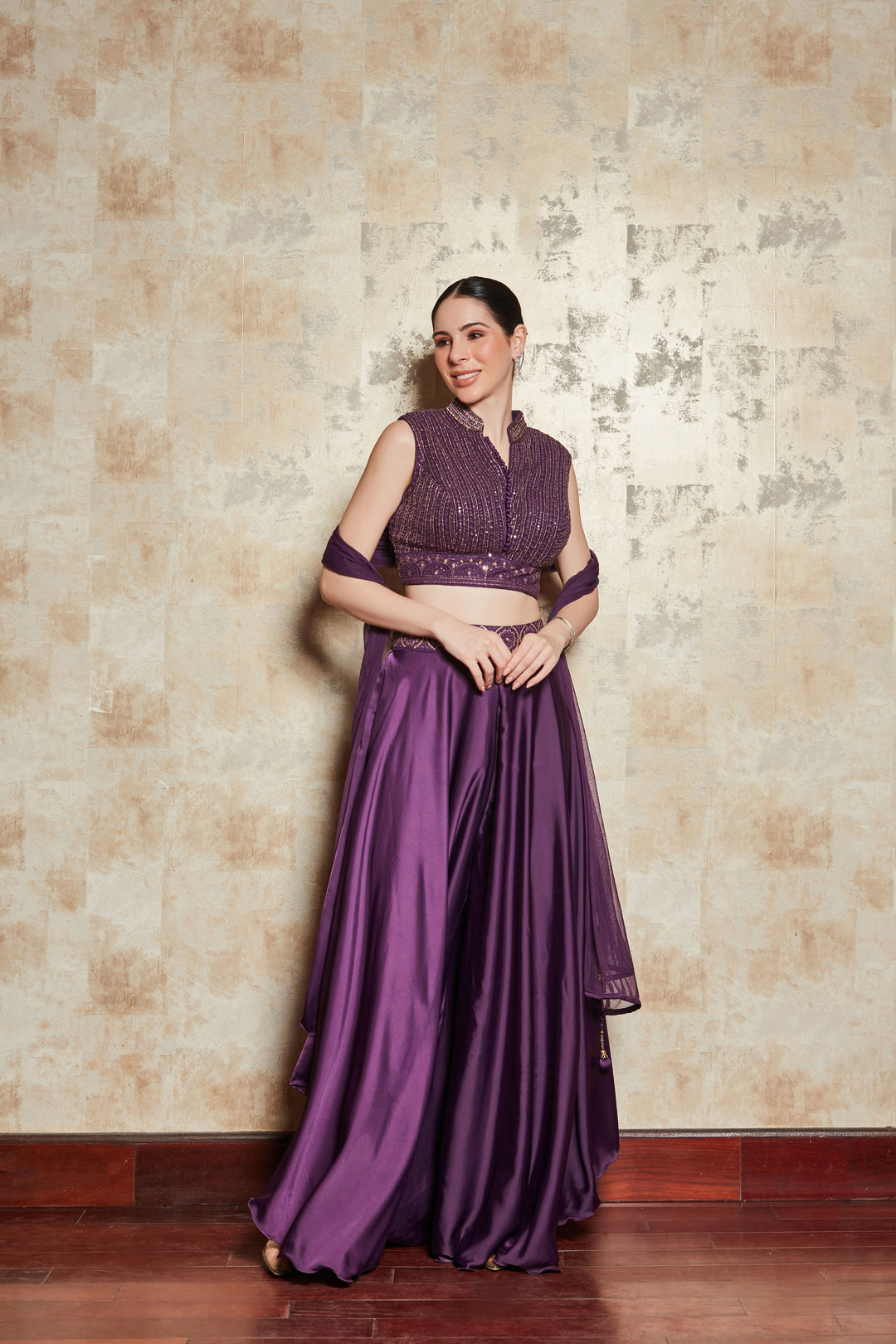 Majestic Violet Sequin Embellished Blouse and Skirt Set