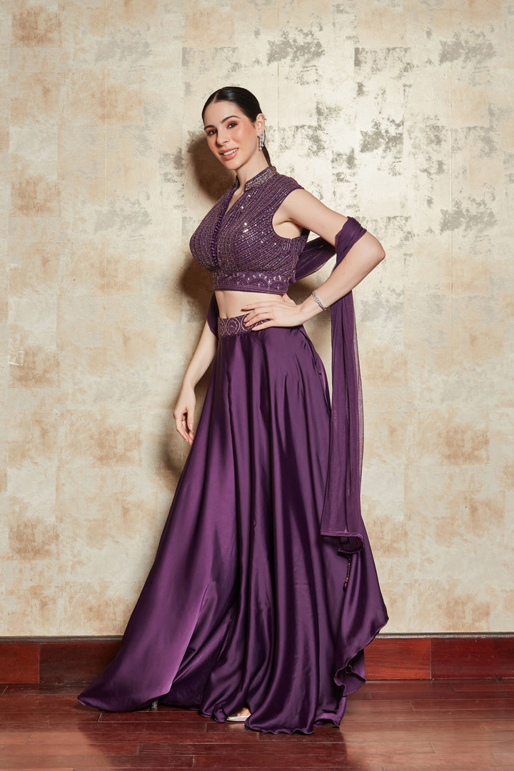 Majestic Violet Sequin Embellished Blouse and Skirt Set