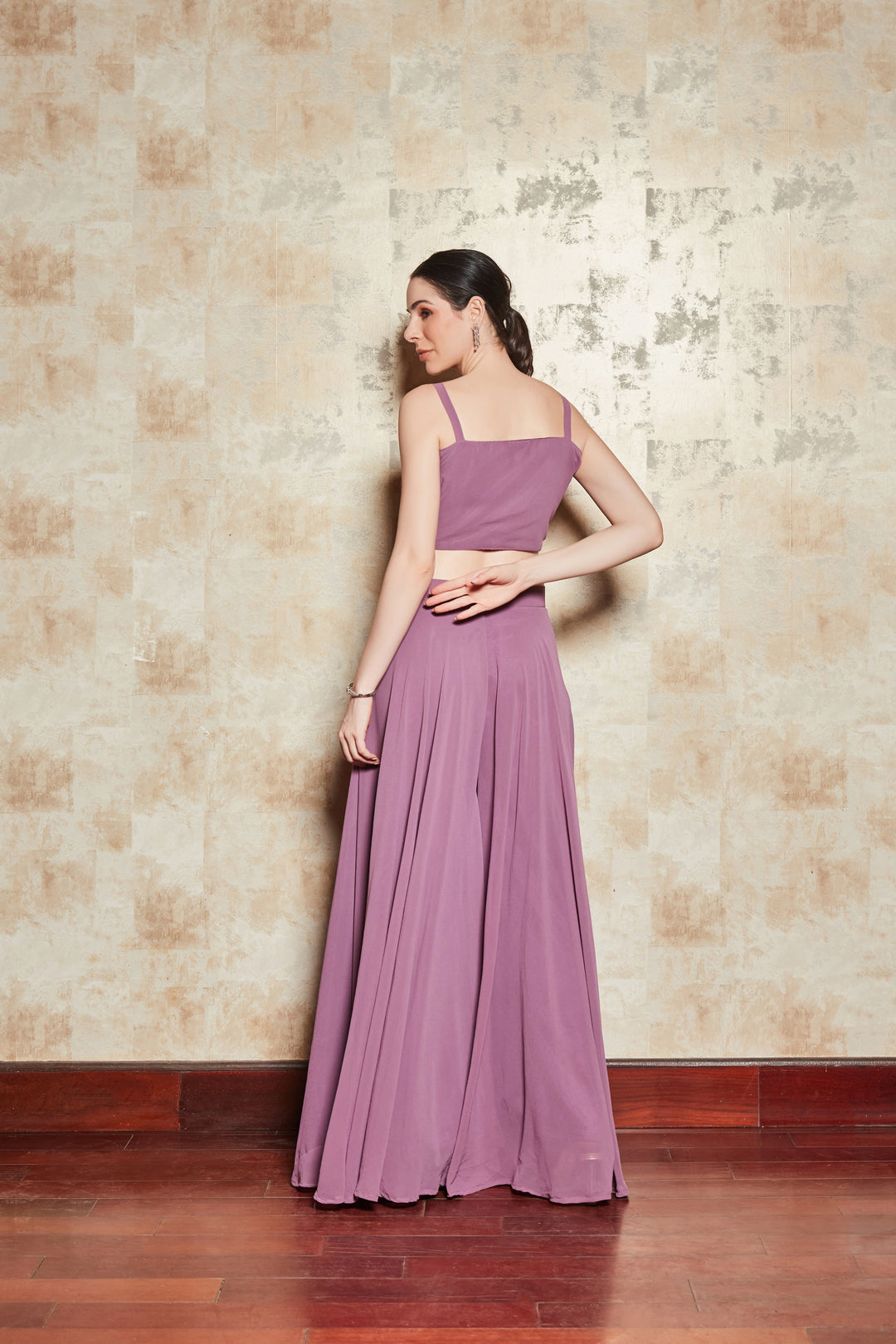 LILAC EMBELLISHED DIVIDER SET WITH GEORGETTE SHRUG AND BLOUSE