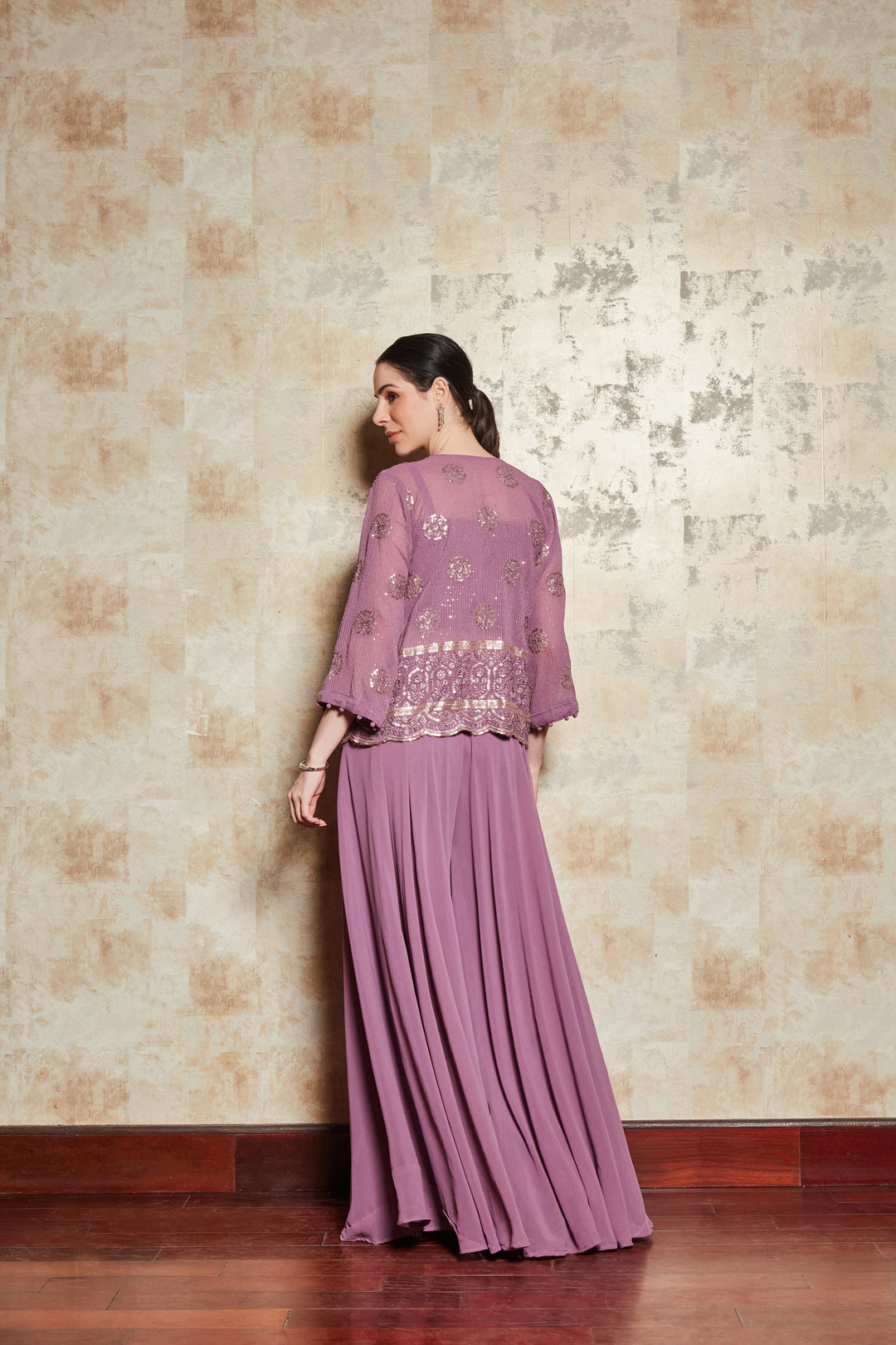 LILAC EMBELLISHED DIVIDER SET WITH GEORGETTE SHRUG AND BLOUSE