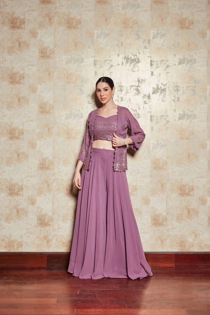 LILAC EMBELLISHED DIVIDER SET WITH GEORGETTE SHRUG AND BLOUSE