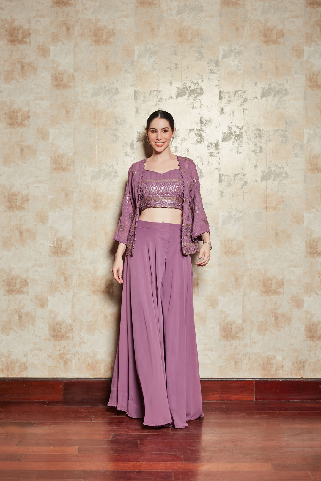 LILAC EMBELLISHED DIVIDER SET WITH GEORGETTE SHRUG AND BLOUSE
