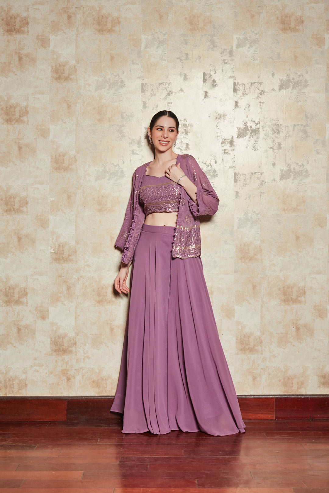LILAC EMBELLISHED DIVIDER SET WITH GEORGETTE SHRUG AND BLOUSE
