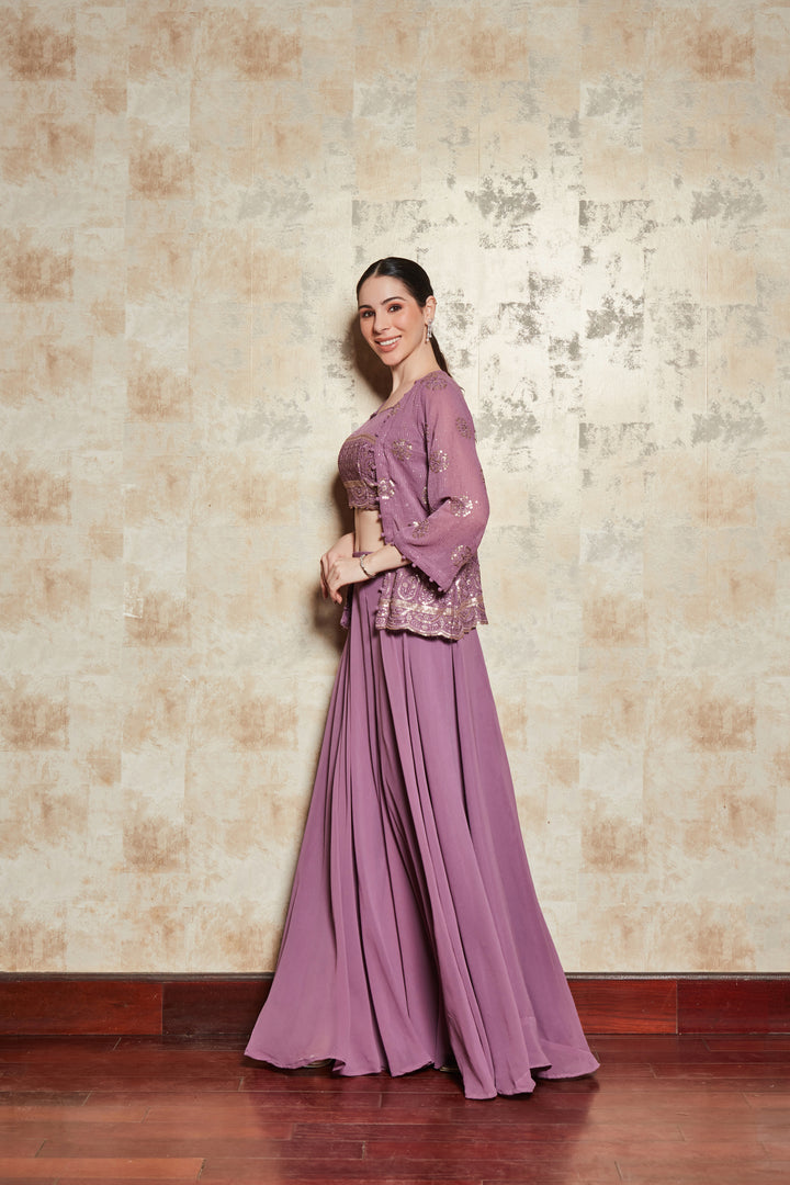 LILAC EMBELLISHED DIVIDER SET WITH GEORGETTE SHRUG AND BLOUSE