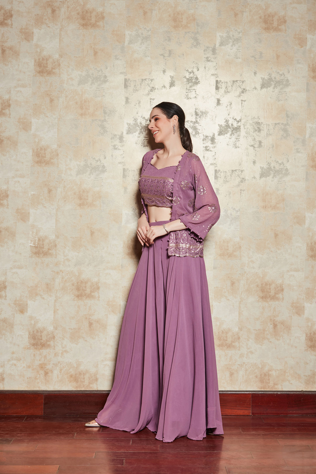 LILAC EMBELLISHED DIVIDER SET WITH GEORGETTE SHRUG AND BLOUSE